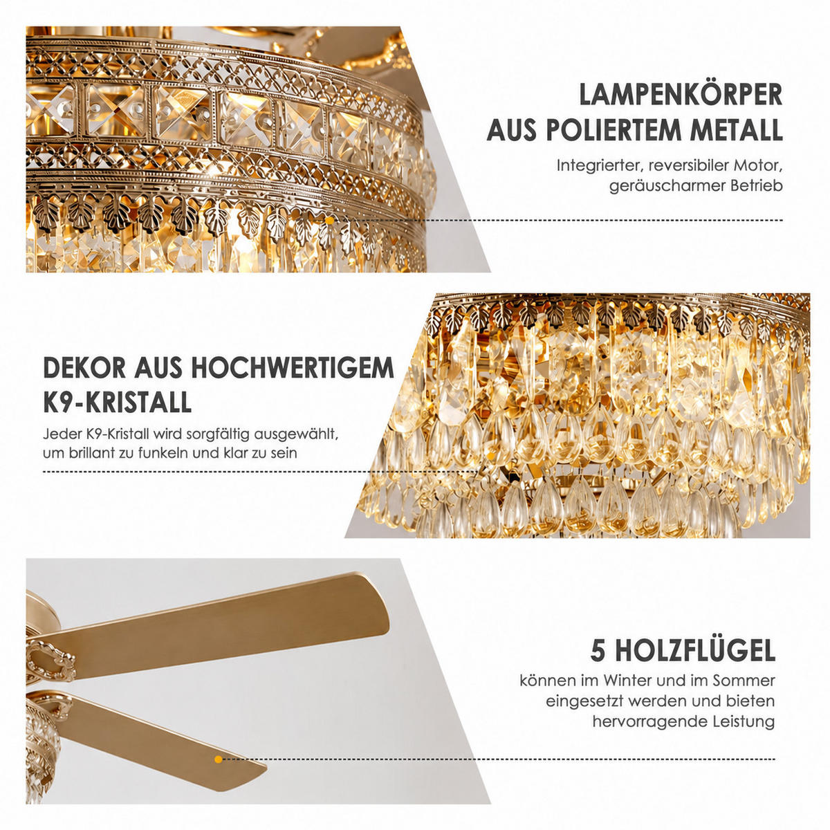 DECKENVENTILATOR Goldfarben 132 cm mit Kristallleuchte und Fernbedienung - Goldfarben, Metall (132.1/132.1/59.9cm)