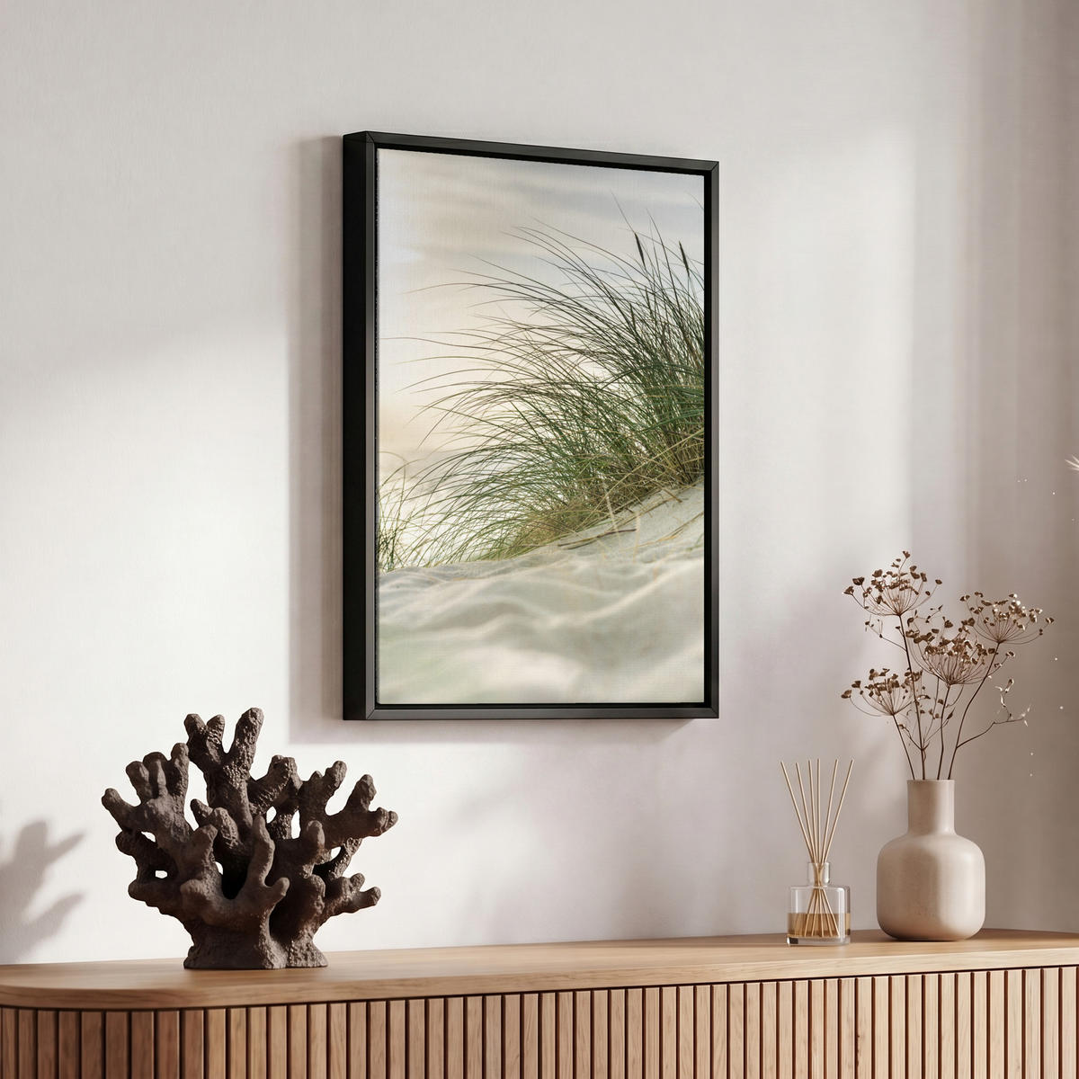 LEINWAND Bilder mit Rahmen - Dünen mit Strandhafer in der Sonne des Nationalparks Schleswig-Holsteinisches Wattenmeer - 20x30 - Creme, Textil (20/30cm) - MuchoWow