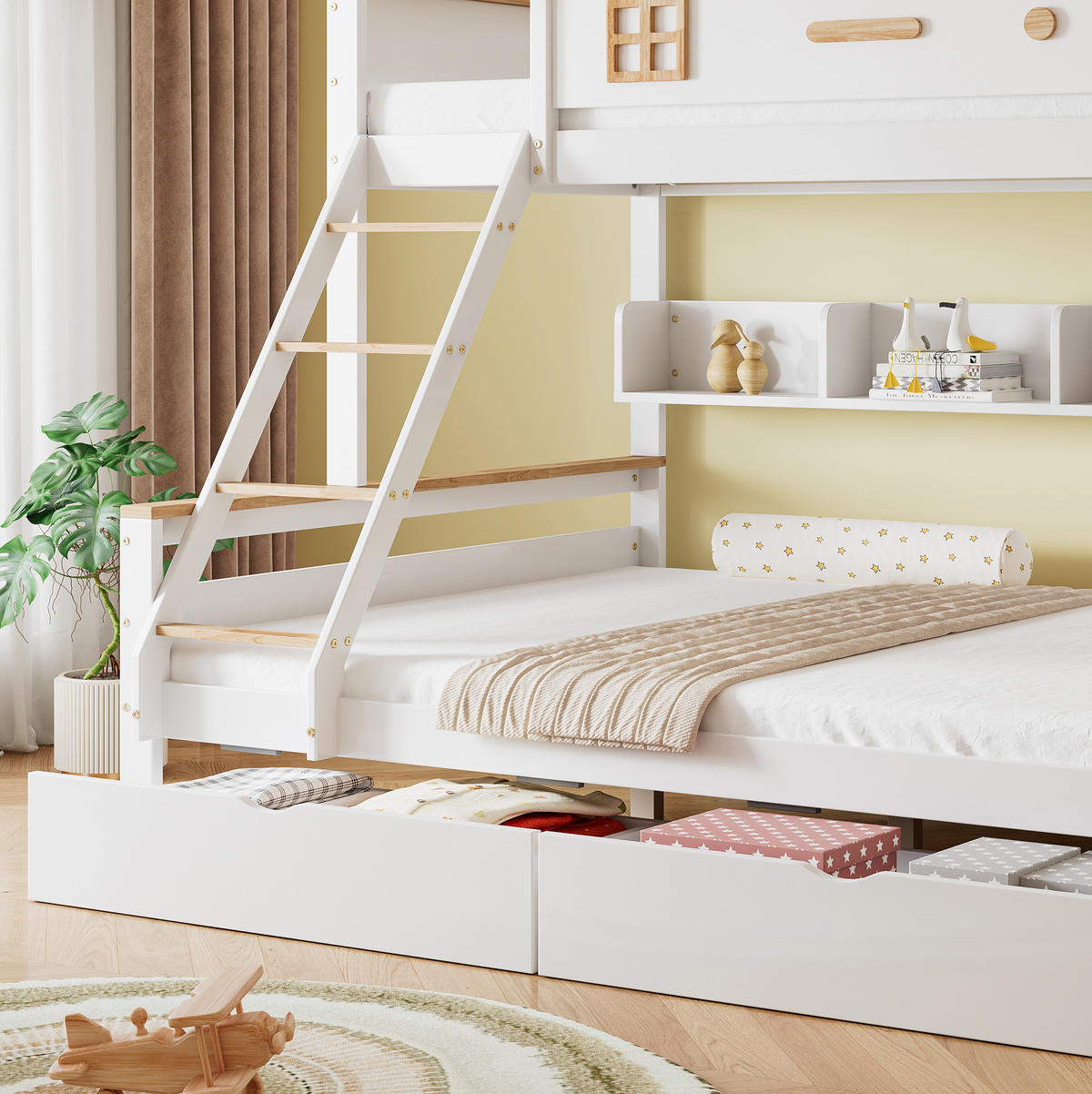 HAUSBETT 90/200 & 140/200 cm mit Regal und 2 Schubladen in Weiß/Natur - Weiß, Holzwerkstoff (90/200cm) - BEAOK