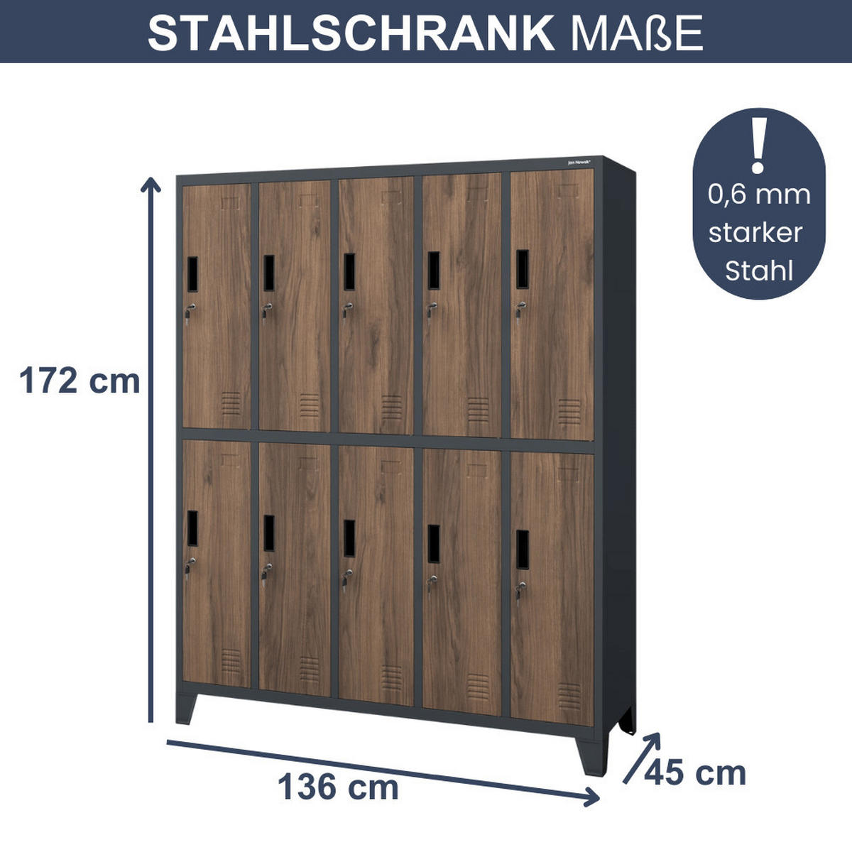 UMKLEIDESCHRANK Spind BERLIN 10 Abteile 172x136x45cm Anthrazit-Nussbaum - Anthrazit, Metall (136/172/45cm) - DELUKE