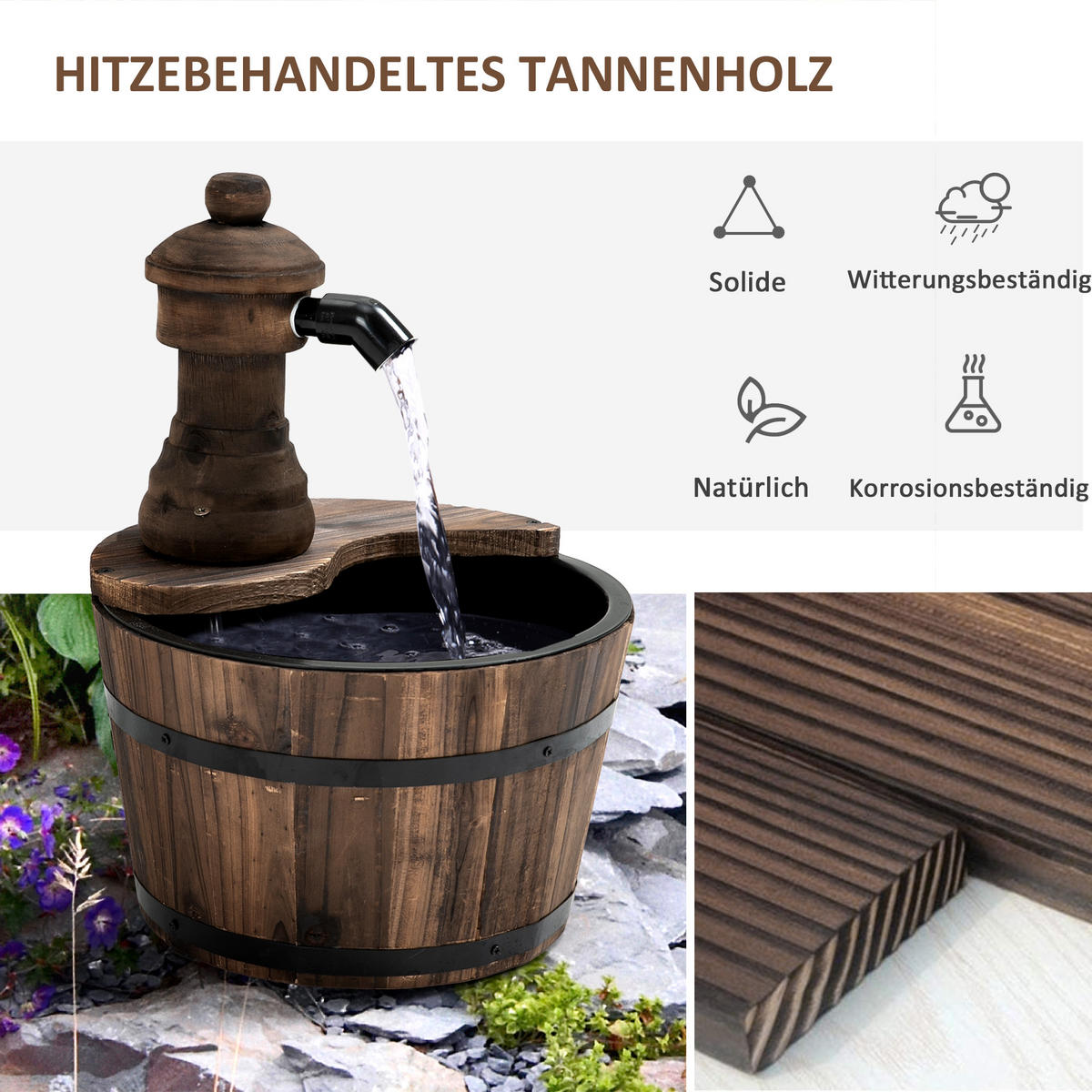GARTENBRUNNEN, Tannenholz, Metall, Natur - Naturfarben, Holz/Metall (27/27/37cm) - Outsunny