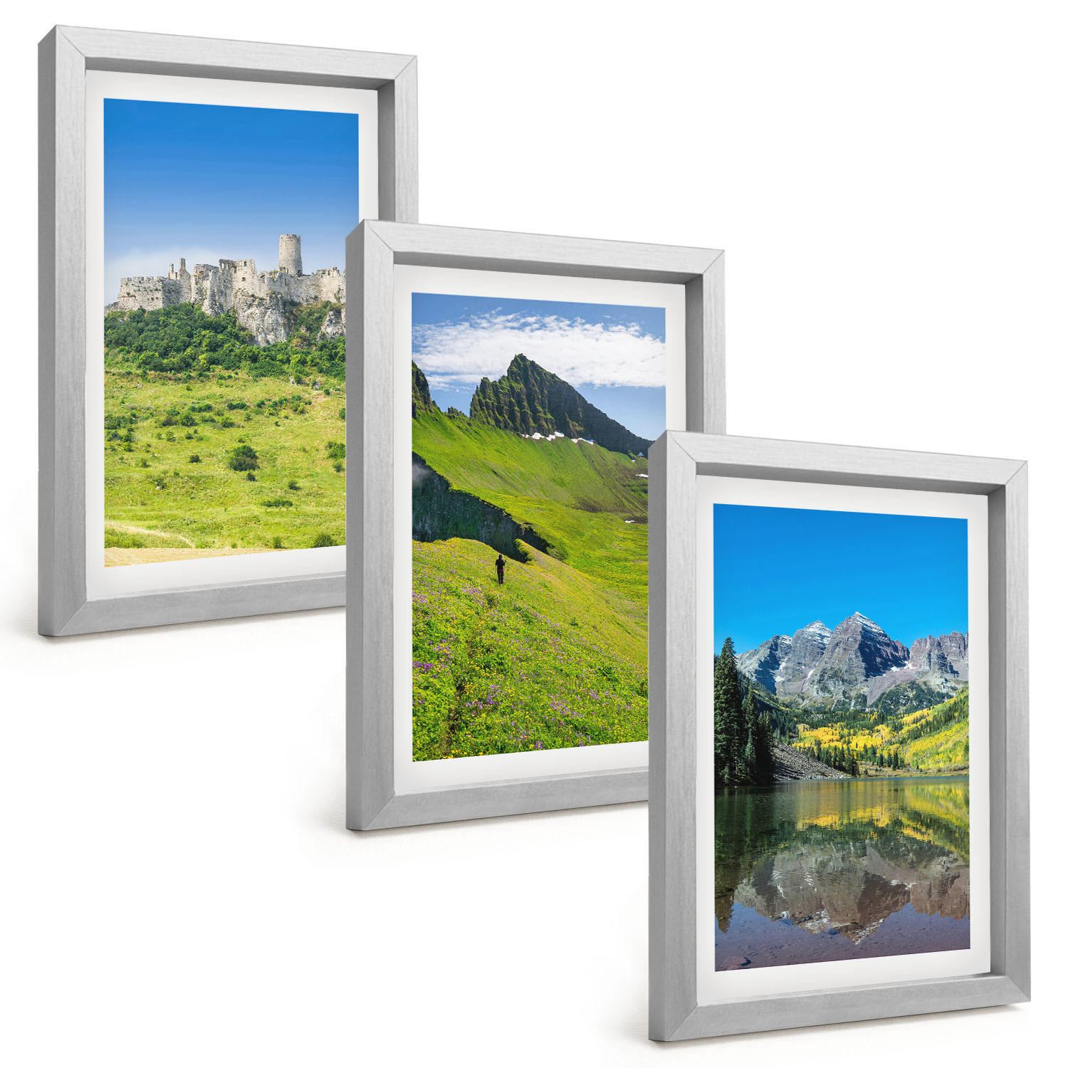 BILDER SET 3er Set - 20x30 cm Silberner Rahmen - Grüne Hügel mit einer Burg - Silberfarben, Kunststoff (20/30cm) - TULUP