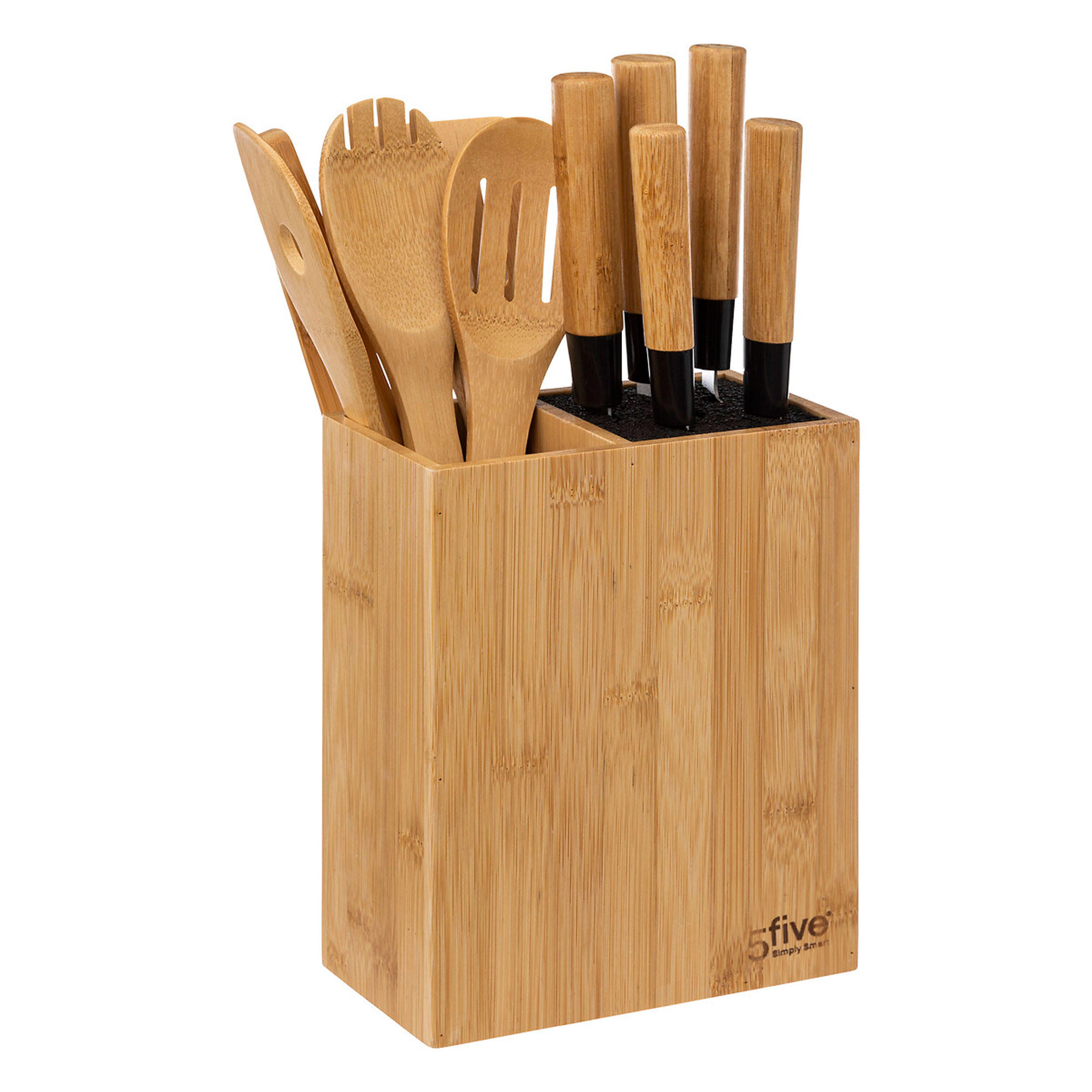 KÜCHEN-ORGANIZER mit Zubehör 11-tlg., Messerblock mit 5 Messern, Bambus, Stahl - Beige, Holz (10.5/35.5/22.7cm) - 5five Simply Smart