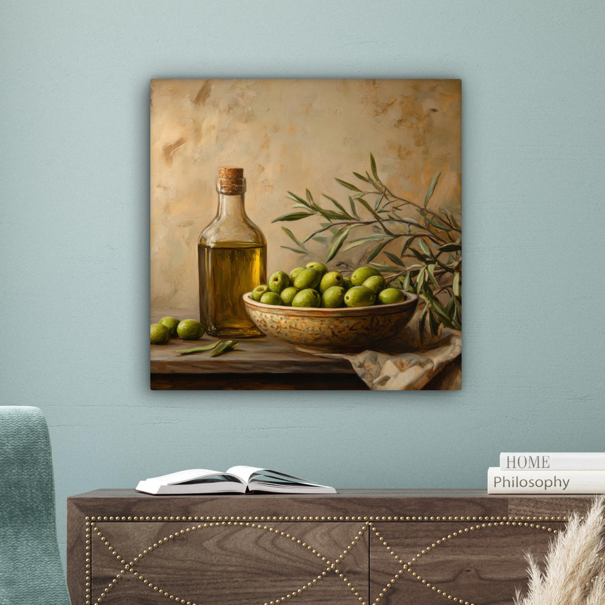 LEINWANDBILD Oliven - Stilleben - Vintage Wandbild Wohnzimmer 50x50 cm - Olivgrün, Textil (50/50cm) - MuchoWow