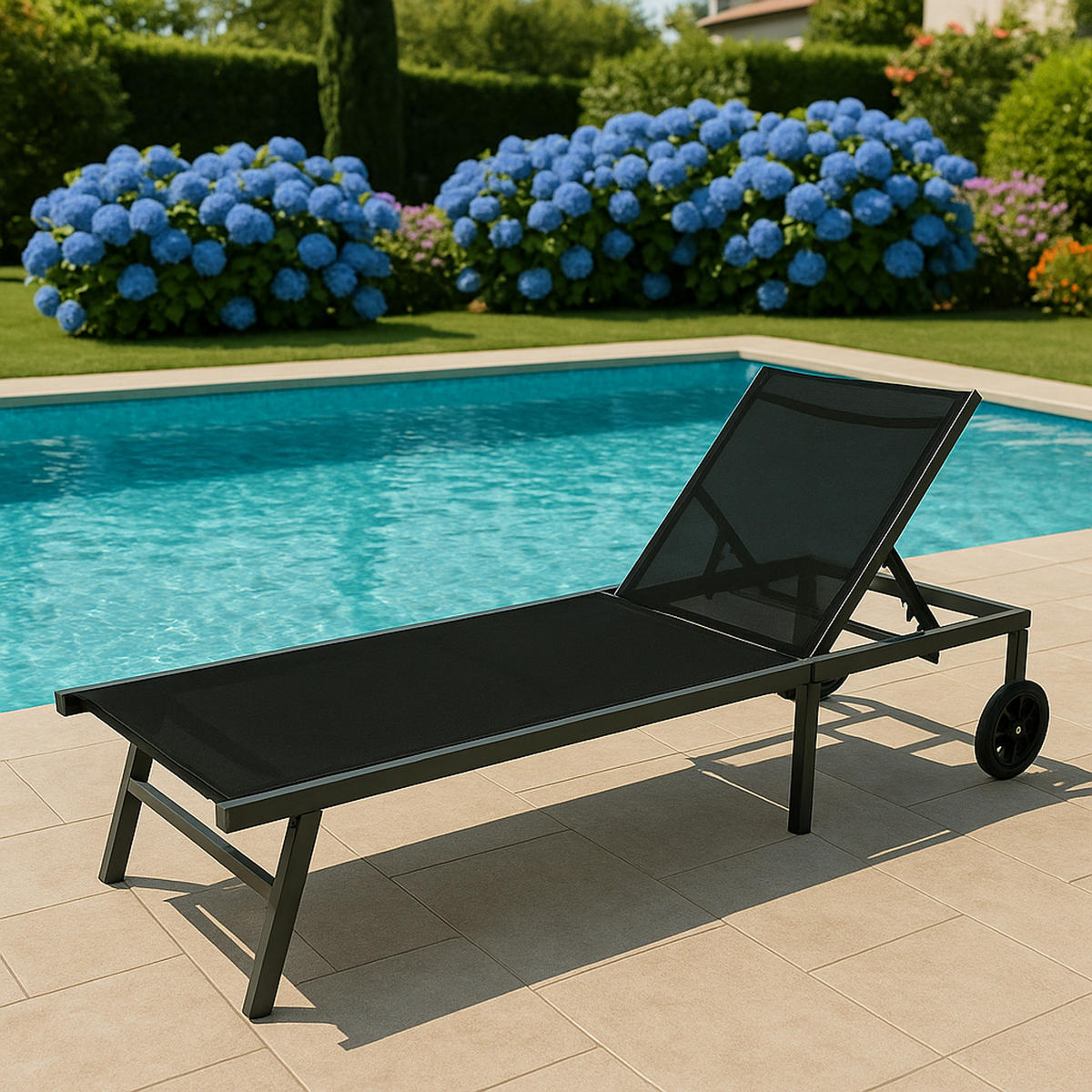 SONNENLIEGE Walton 200cm - mit Rollen - Gestell Aluminium silberfarben, Bespannung Kunstgewebe schwarz - Grau, Metall (78/90/200cm) - TPFGarden