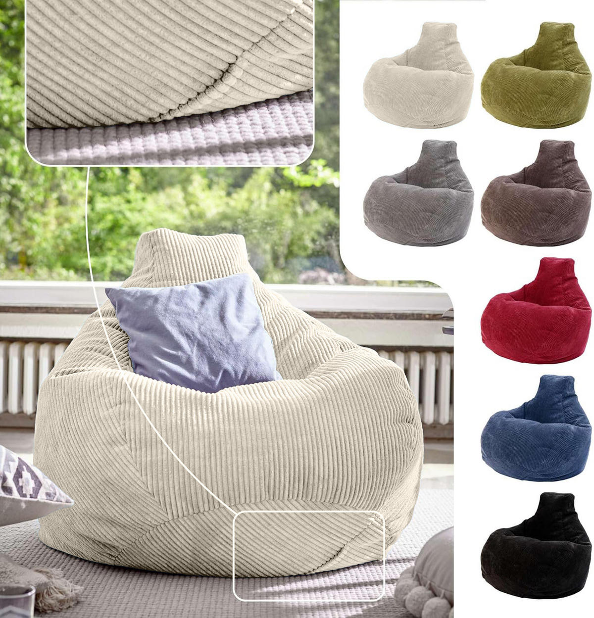 SITZSACK MIT RÜCKENLEHNE Cozy Cord - Beige, Textil (80/90/90cm) - Green Bean