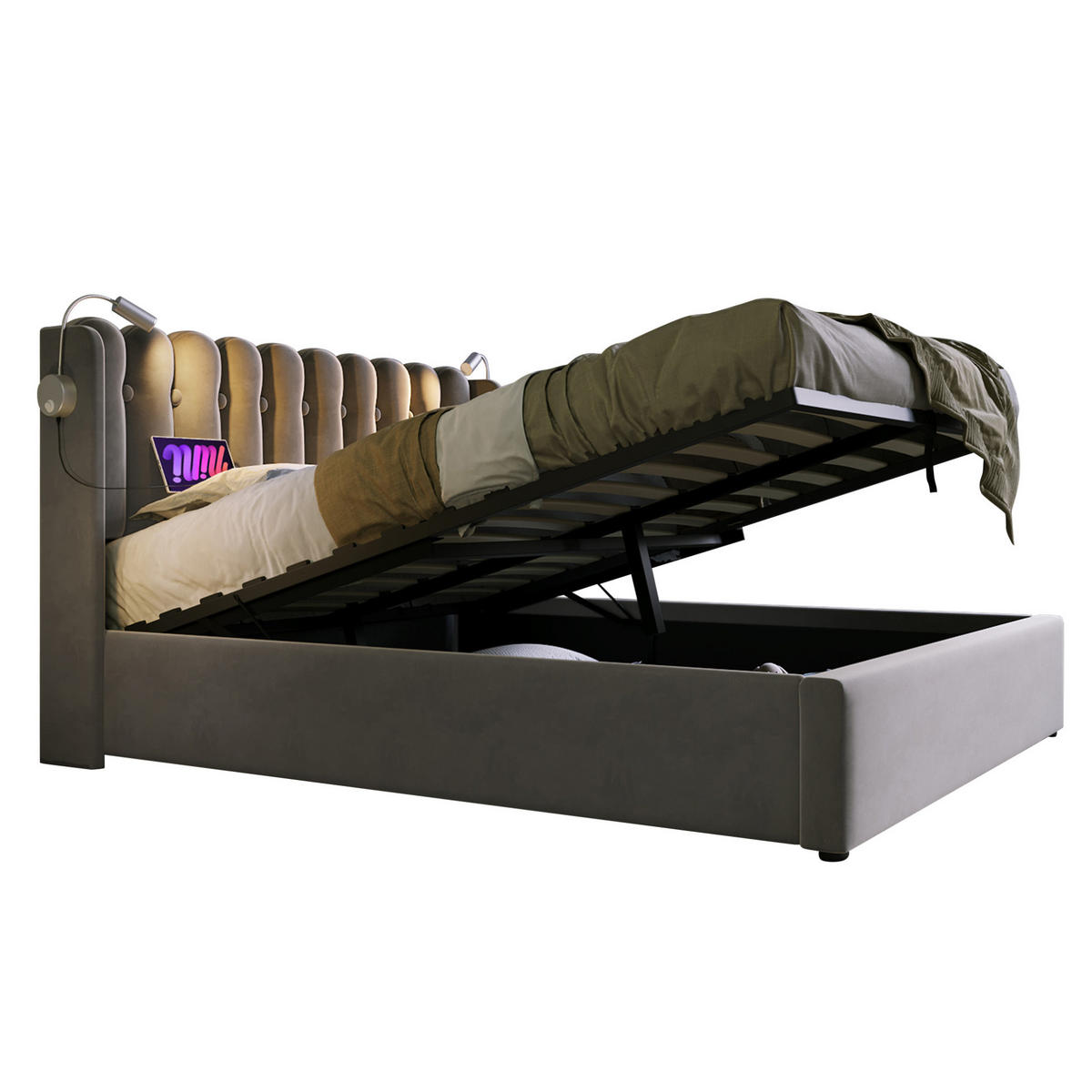 POLSTERBETT 140/200 cm in Grau mit Stauraum, Leselicht und USB-Anschluss - Grau, Textil (140/200cm) - Flora Grace