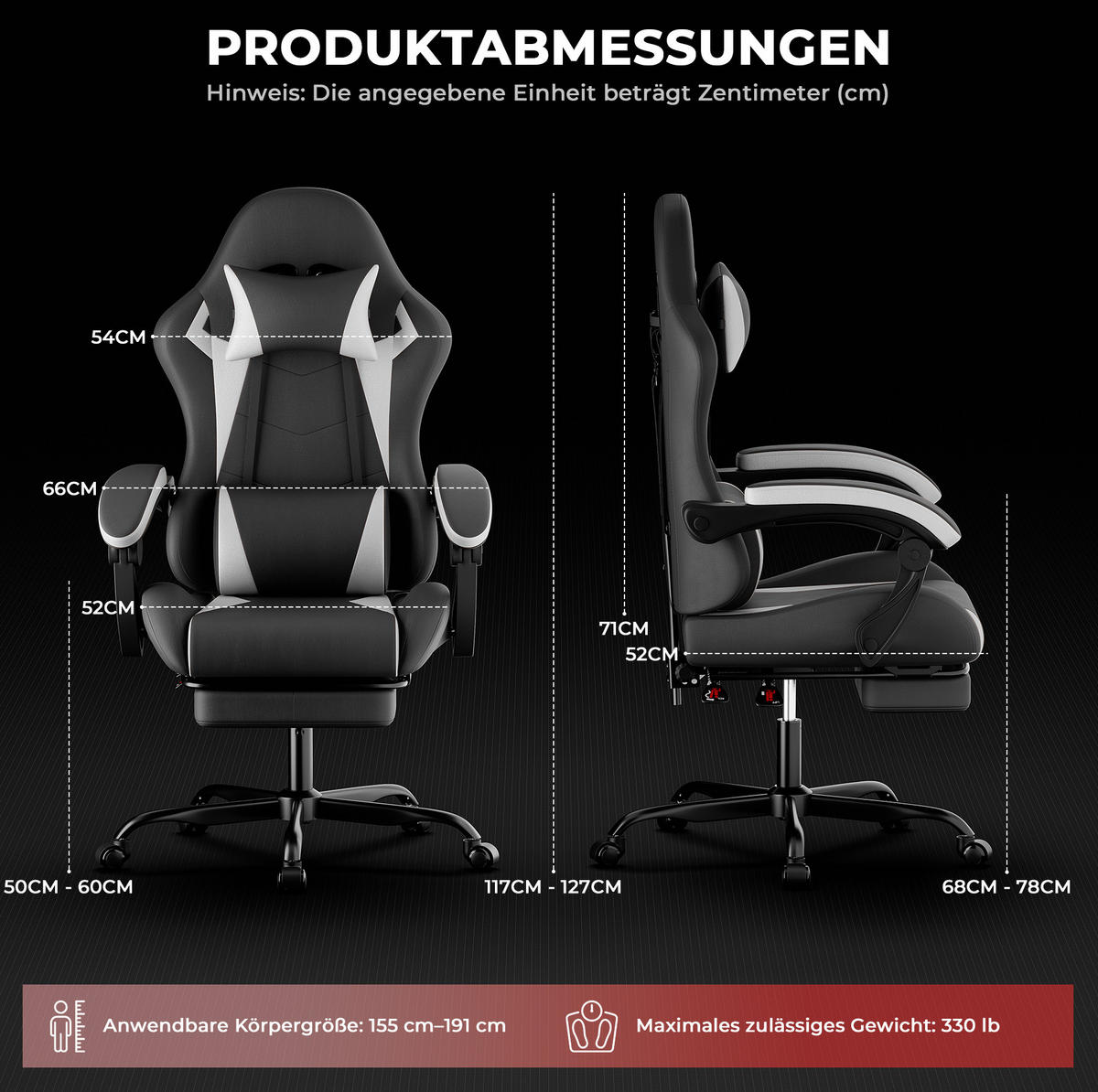 GAMING-STUHL ergonomisch PVC Black White - Weiß, Kunststoff (63/120.5/58.5cm) - Meubliv