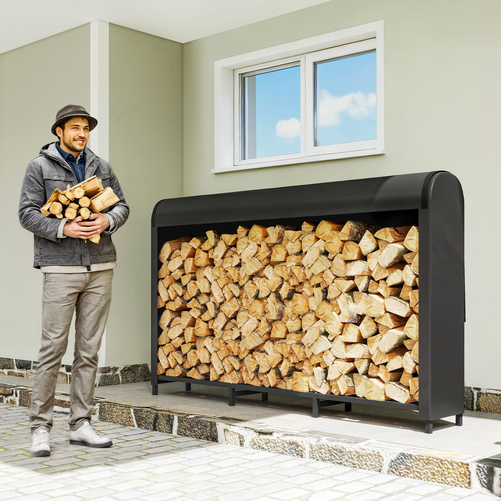 KAMINHOLZREGAL Metall 199 x 30 x 121 cm Brennholzregal 0,6m³ mit Abdeckung - Schwarz, Metall (30/121/199cm) - Outsunny