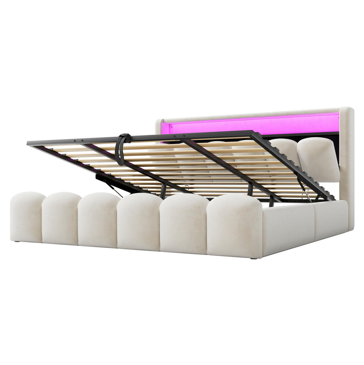 POLSTERBETT 180/200 cm aus Samt mit LED, USB-, Typ-C-Anschluss und hydraulischem Bettkasten, Beige - Beige, Textil (180/200cm) - Redom
