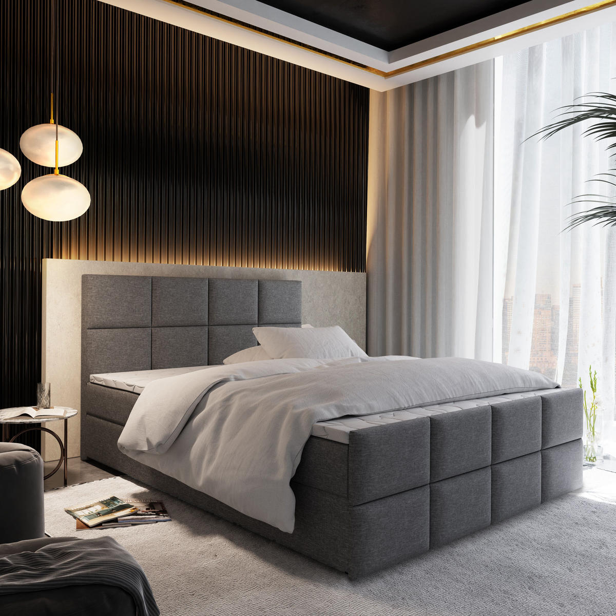 BOXBETT ARIEL 180x200 cm mit Matratze und Topper - Hellgrau - Hellgrau, Holz (180/200cm) - MASSENO