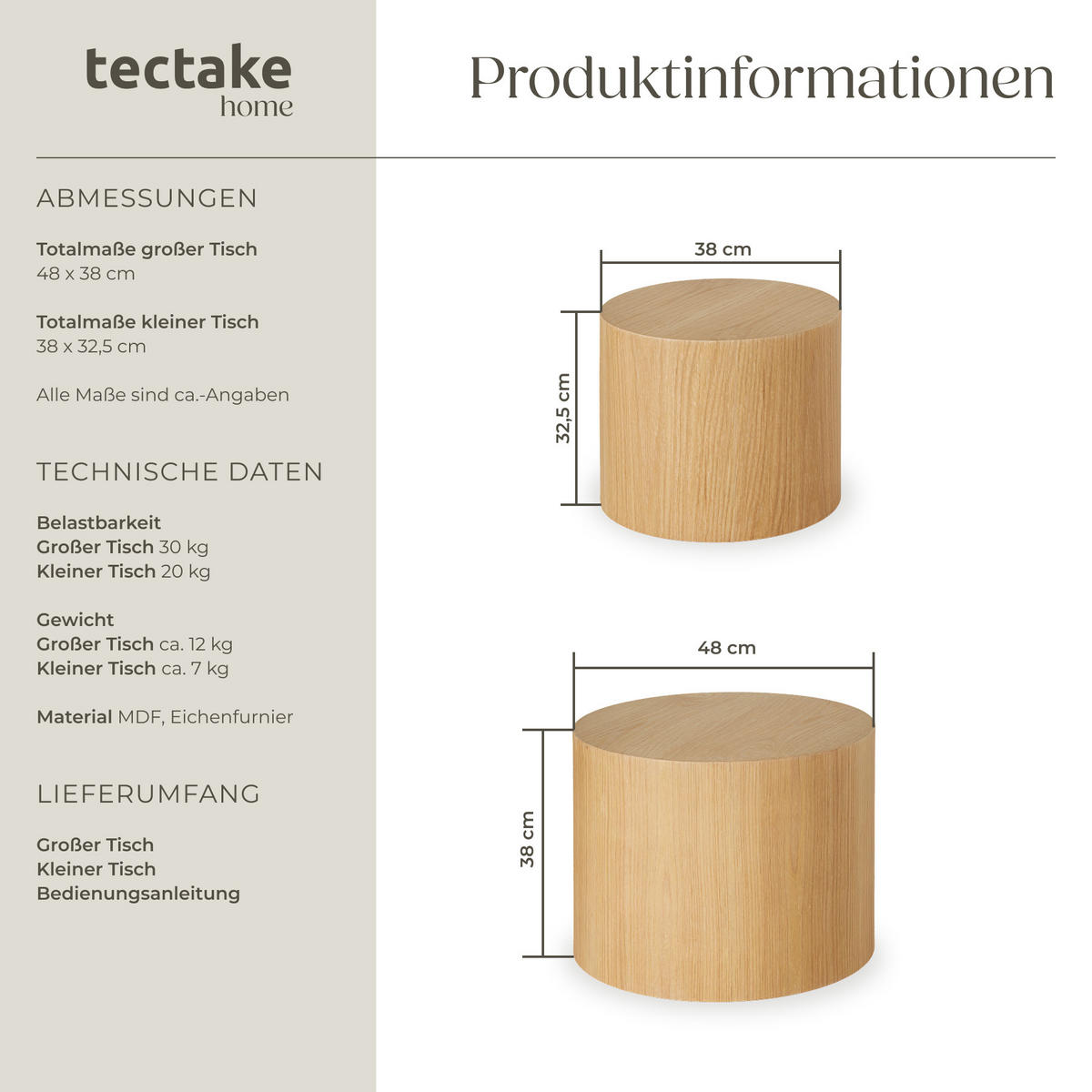 COUCHTISCHE 2er Set Danny,rutschfeste Bodenschoner,Eiche hell - Eichefarben, Holz (48/48/38cm) - tectake