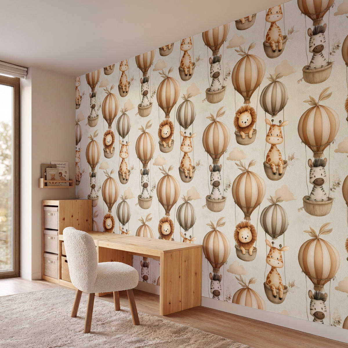KINDERTAPETE - Safari - Heißluftballons - Taupe - 400x260 cm - Beige, Papier (400/260cm) - OnlyWow