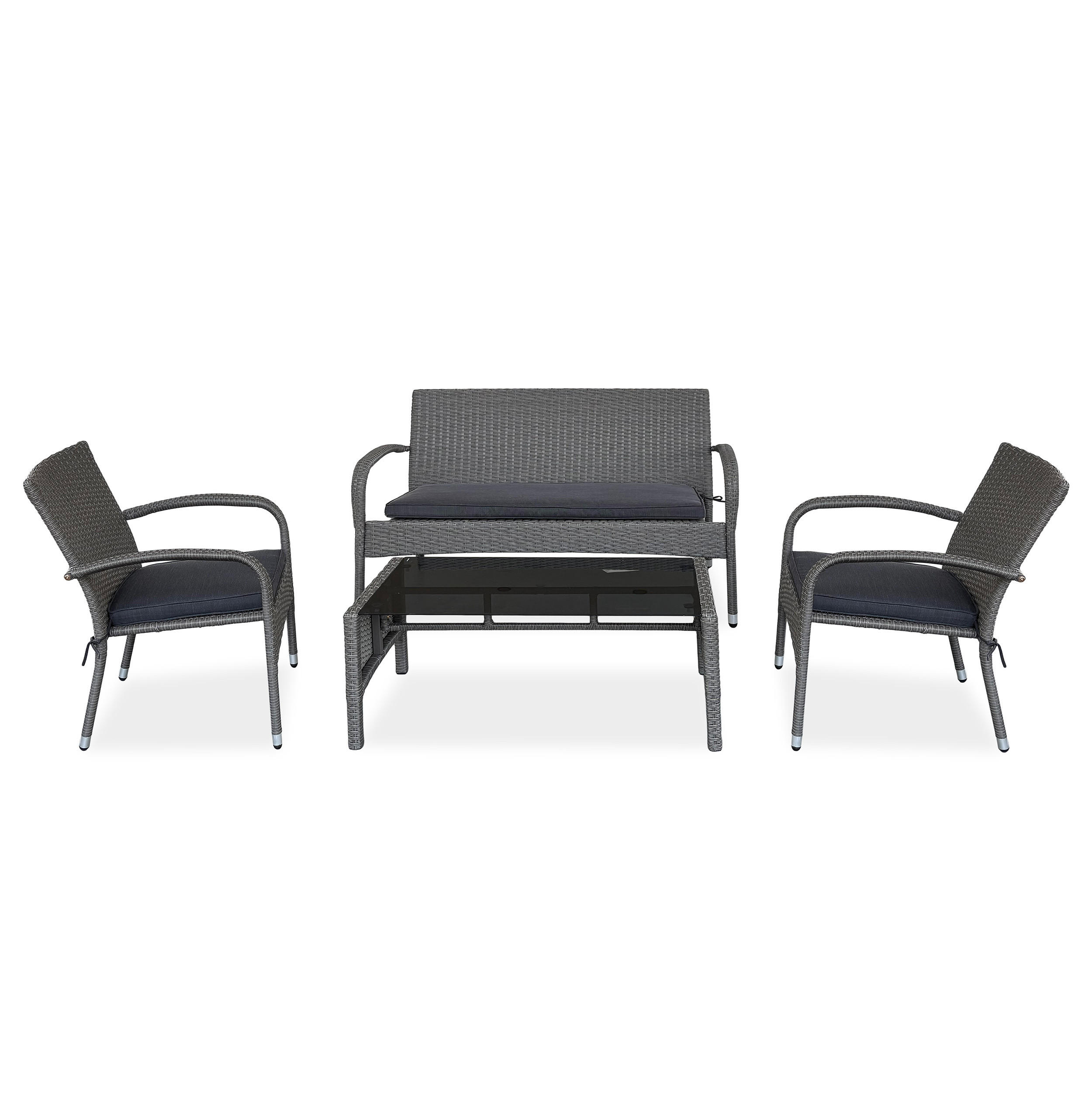 Beautysofa ZAHRADNÍ SADA Montero, pohovka, 2 křesla a stolek s tvrzeným sklem, kov + technoratan