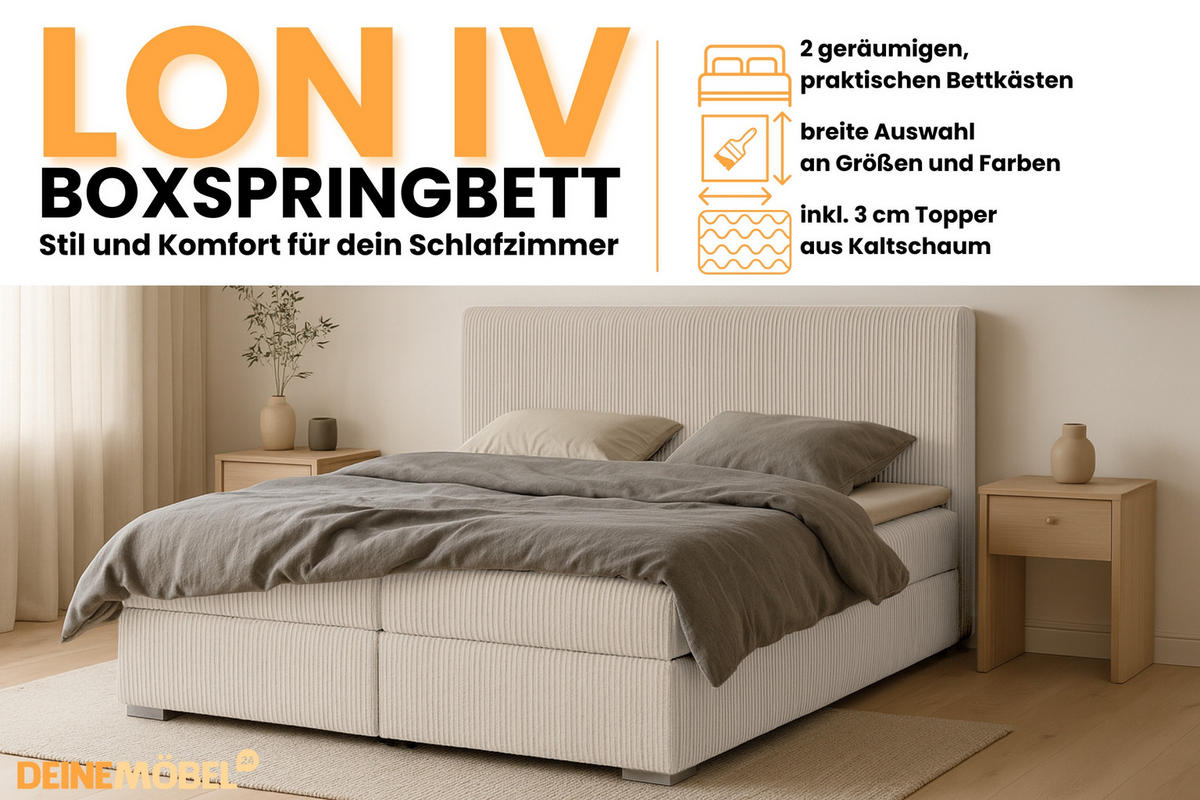 BOXBETT LON IV 140/200 in Cord Ecru H4 - Ecru, Holz/Holzwerkstoff (140/200cm) - Deine Möbel 24