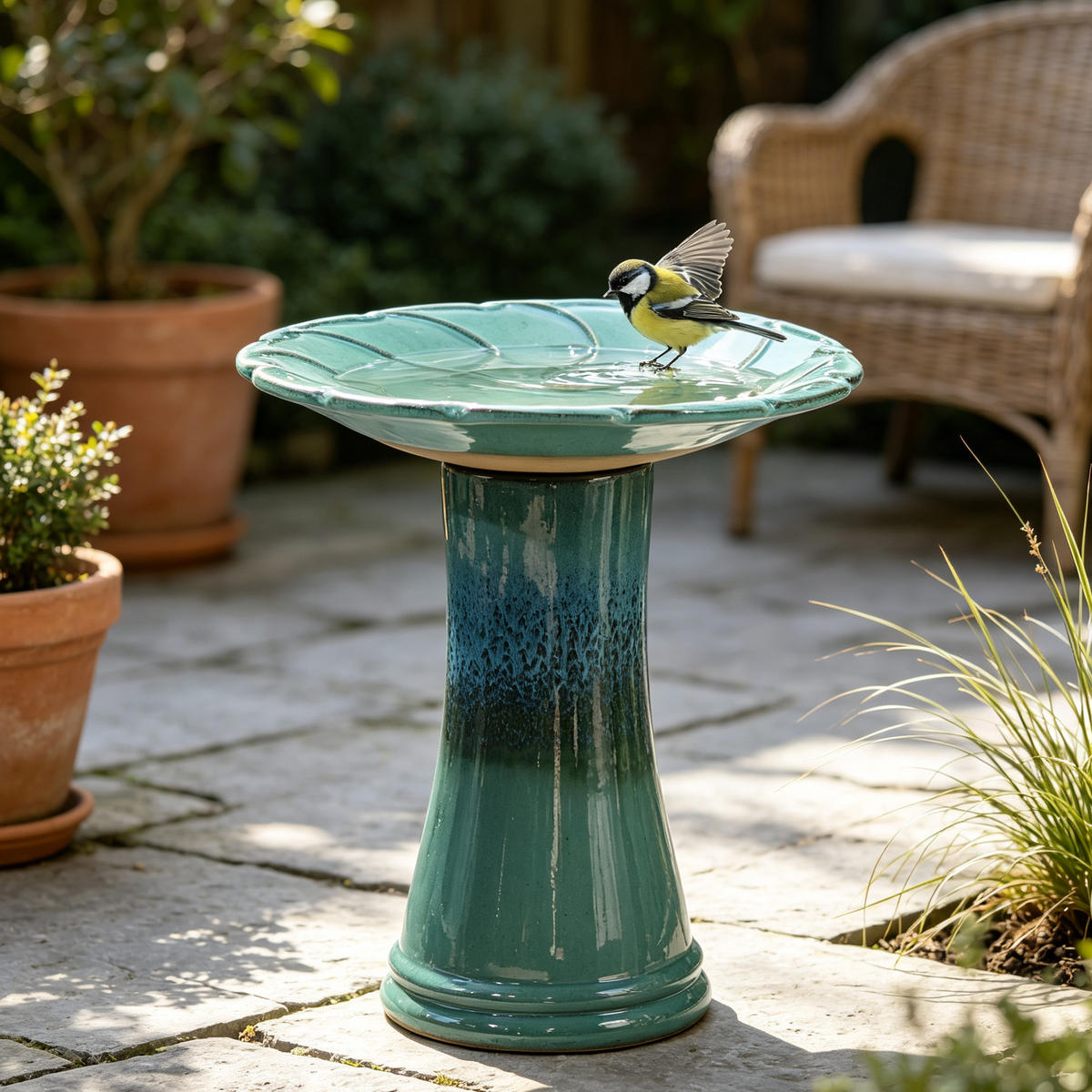 VOGELBAD mit Standfuß, Keramik Ø43/45H cm, Wetterfest, Hellblau - Jadegrün, Keramik (43/45/43cm) - LVHOM