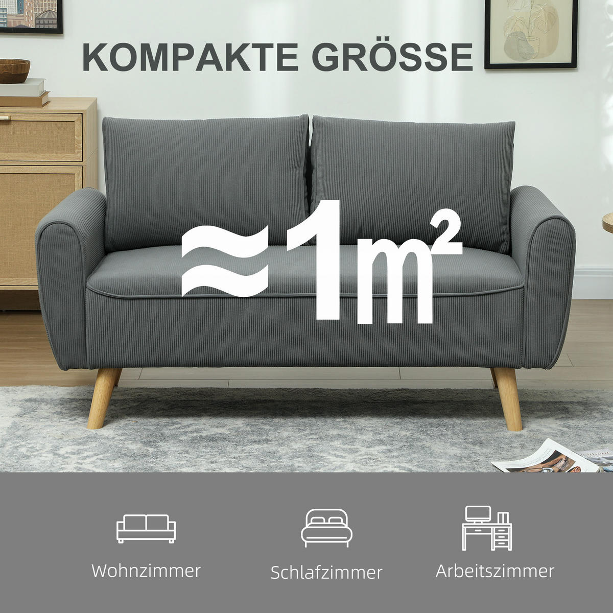 ZWEISITZER Sofa mit 2 Kissen Polstersofa mit 54cm extra tiefen Sitzen Dunkelgrau - Dunkelgrau/Eukalyptusholzfarben, Holz/Textil (75/78/145cm) - HOMCOM