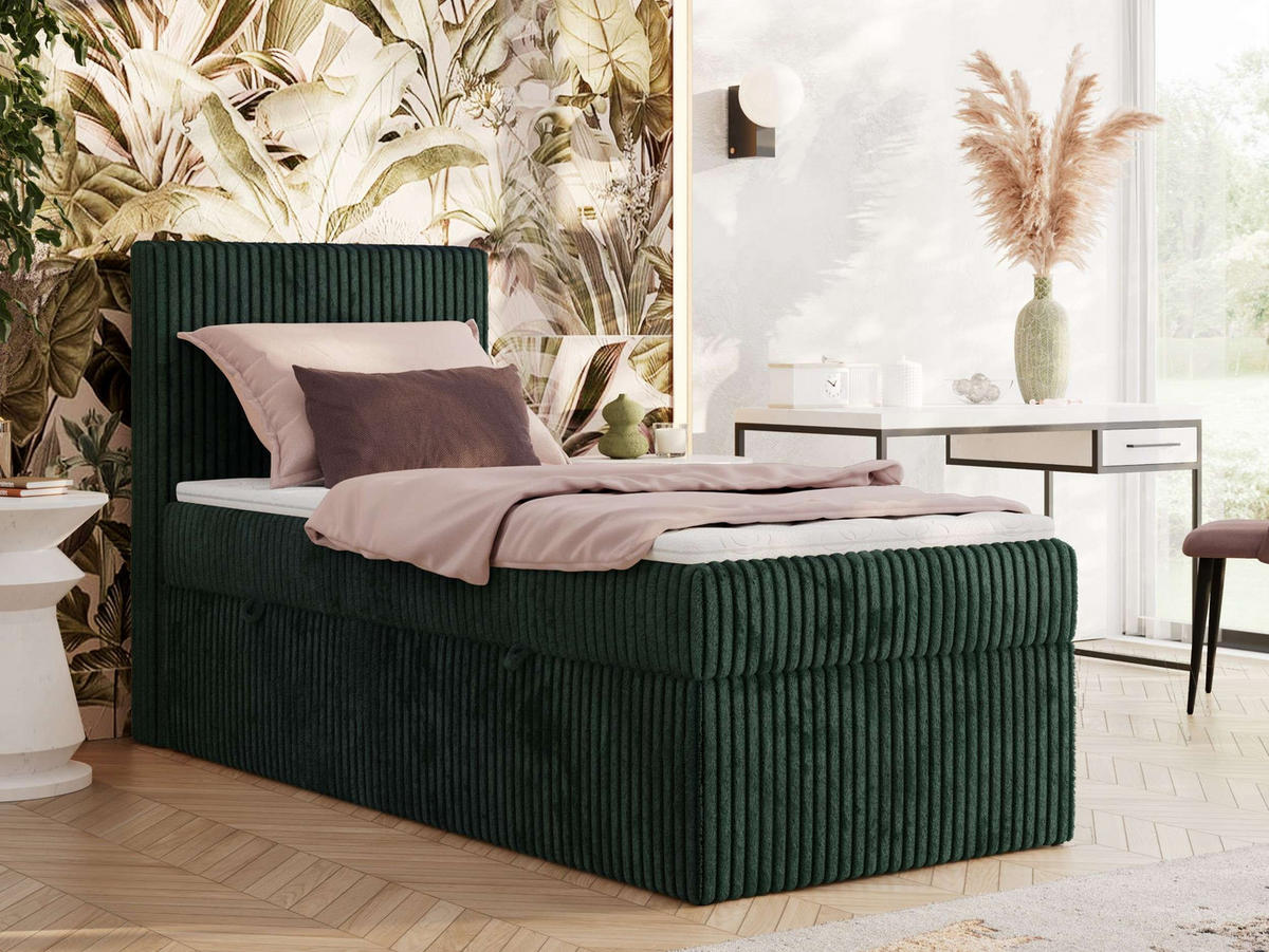 BOXBETT TILIANO 90/200 - Dunkelgrün Cord - H4 - Visco Topper - Links - Dunkelgrün, Textil (90/200cm) - MKS