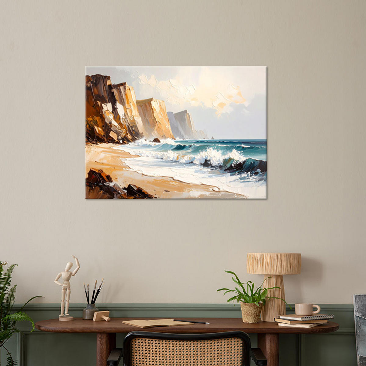 LEINWANDBILD Felsen Strand Meer wie gemalt 100x70cm - Beige, Textil (100/70cm) - Feeby