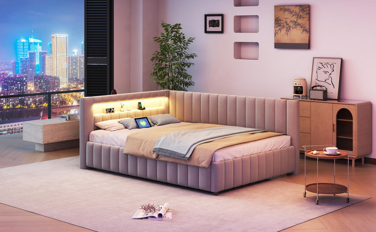 POLSTERBETT 140x200 cm LED USB grau - Grau, Textil (140/200cm) - LEBENLANG