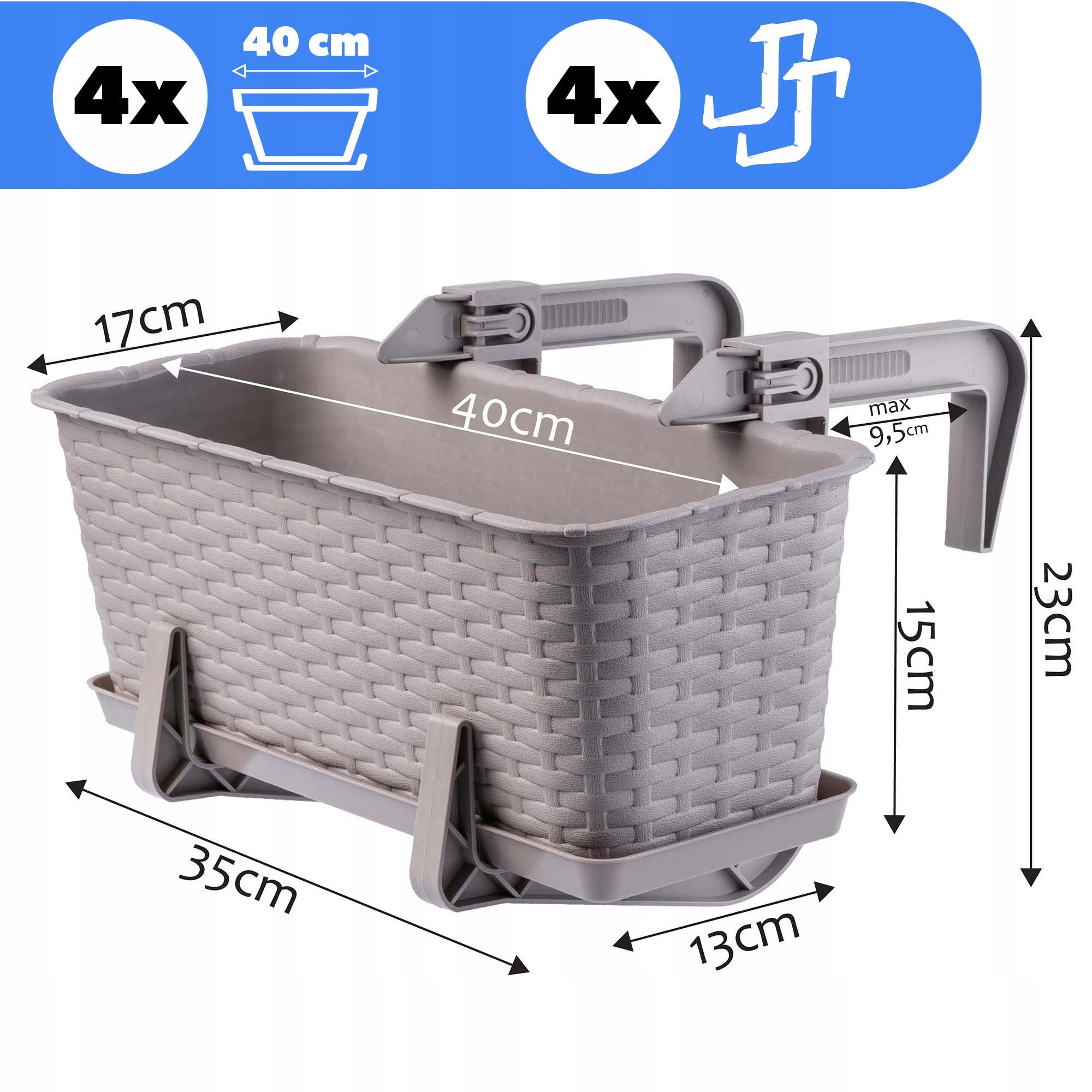 BALKONKASTEN mit Griffen, Beige, 40 cm, 4 Stk. - Beige, Kunststoff (17/40cm) - KADAX