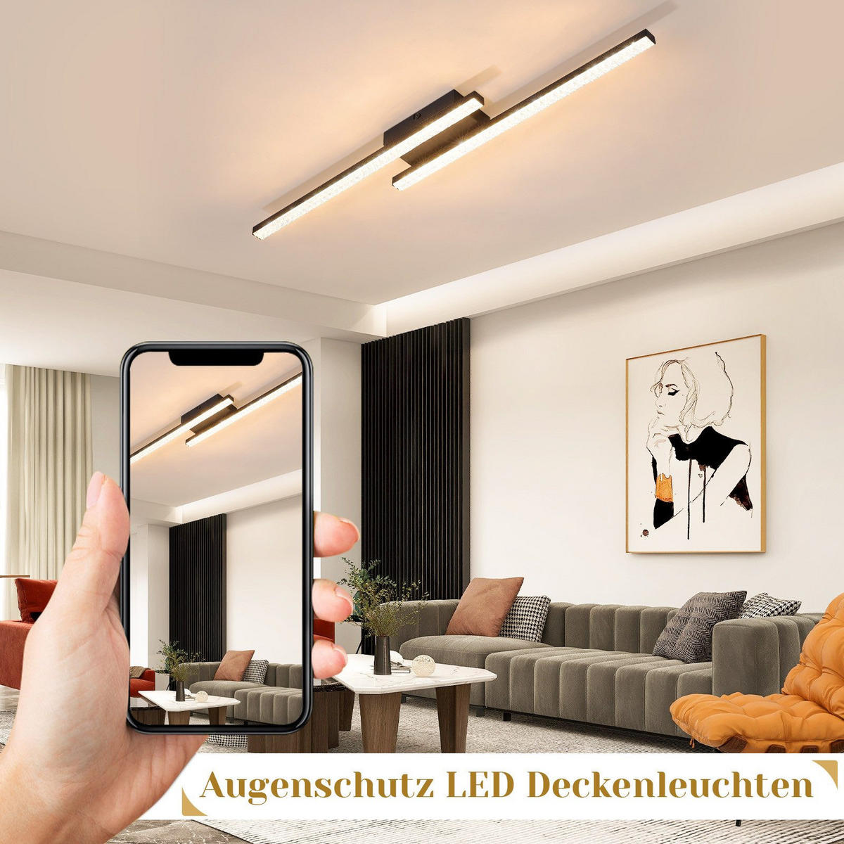 DECKENLEUCHTE LED Schlafzimmer Schwarz Modern Kristall Warmweiß für Flur 61.5CM - Schwarz, Kunststoff (61.5/7/4.3cm) - ZMH
