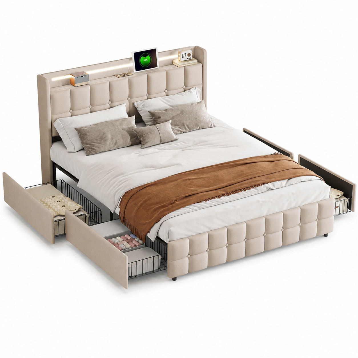 POLSTERBETT 180/200 cm mit LED & USB-Kopfteil und Schubladen, modernes Stauraumbett - Beige, Holz/Metall (180/200cm) - Joyfair