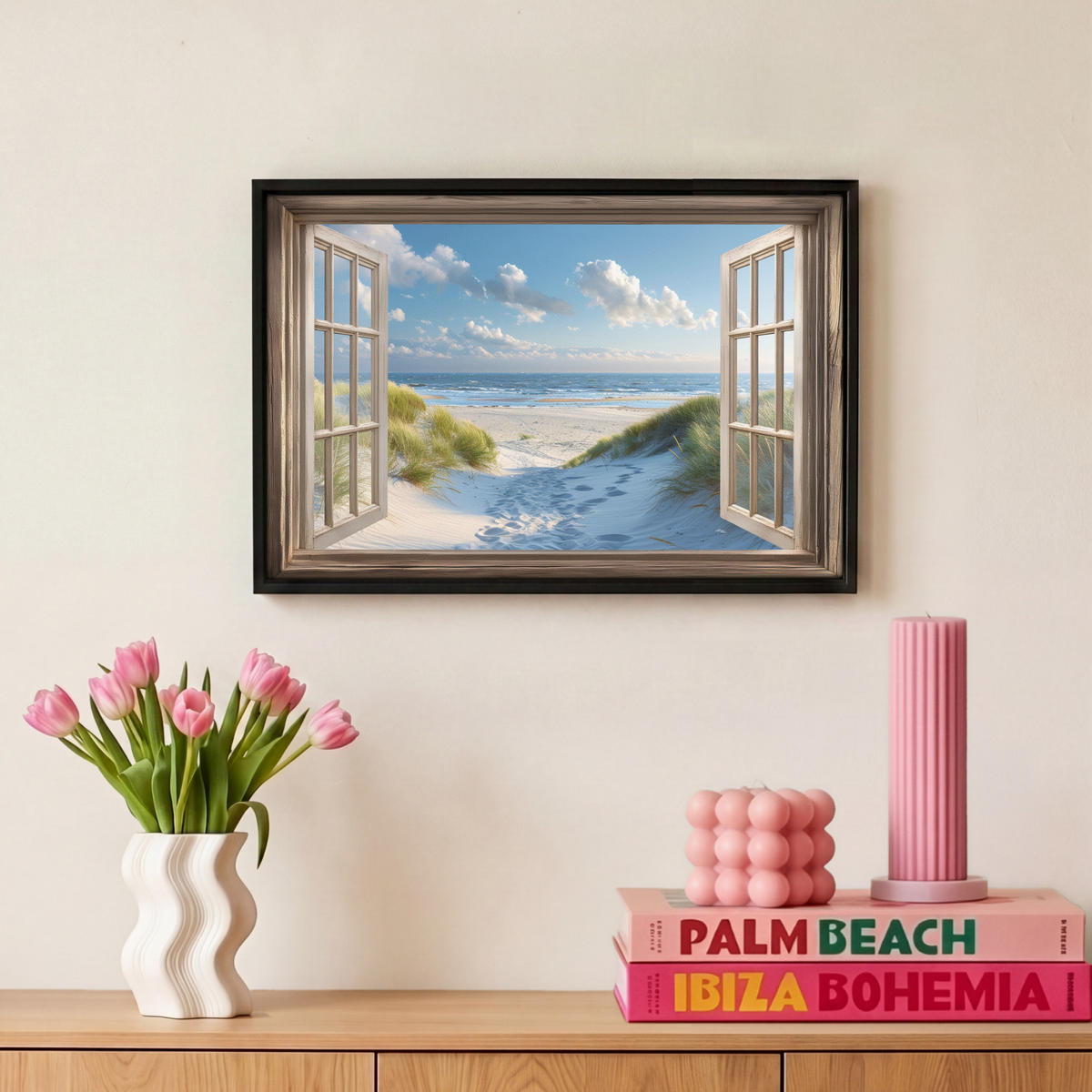 LEINWAND Bilder mit Rahmen - Aussicht - Strand - Fenster - Dünen - Meer - 30x20 - Hellblau, Textil (30/20cm) - MuchoWow