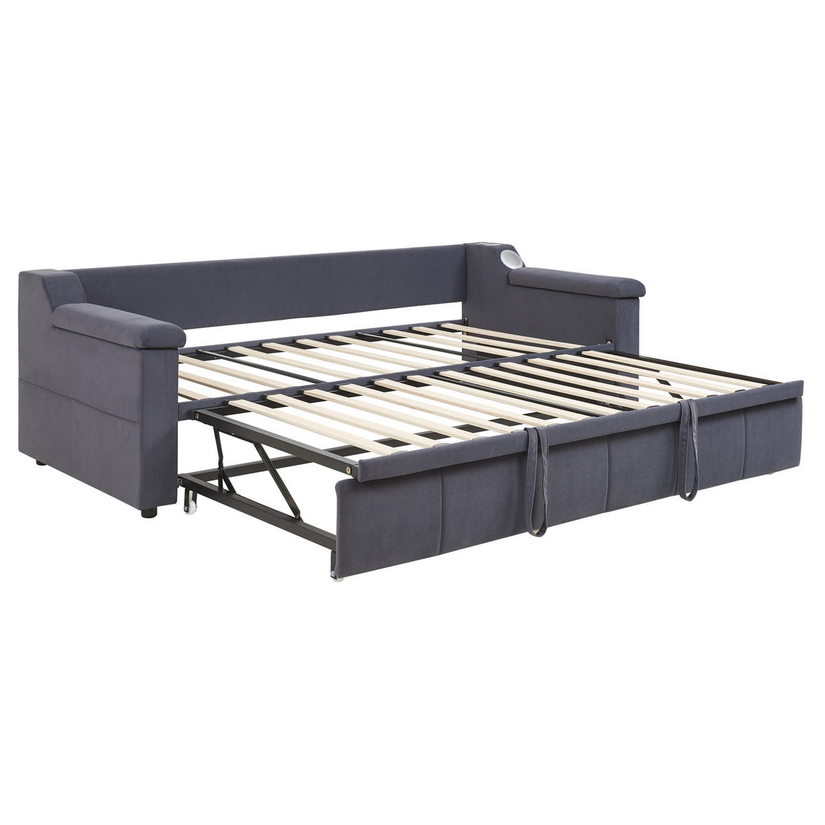 SCHLAFSOFA aus Samtstoff 90/180x190 cm Grau mit Bluetooth-Stereo, USB-Anschluss, Ablagefächern und Lattenrost - Grau, Textil (216/69/97cm) - Modfu
