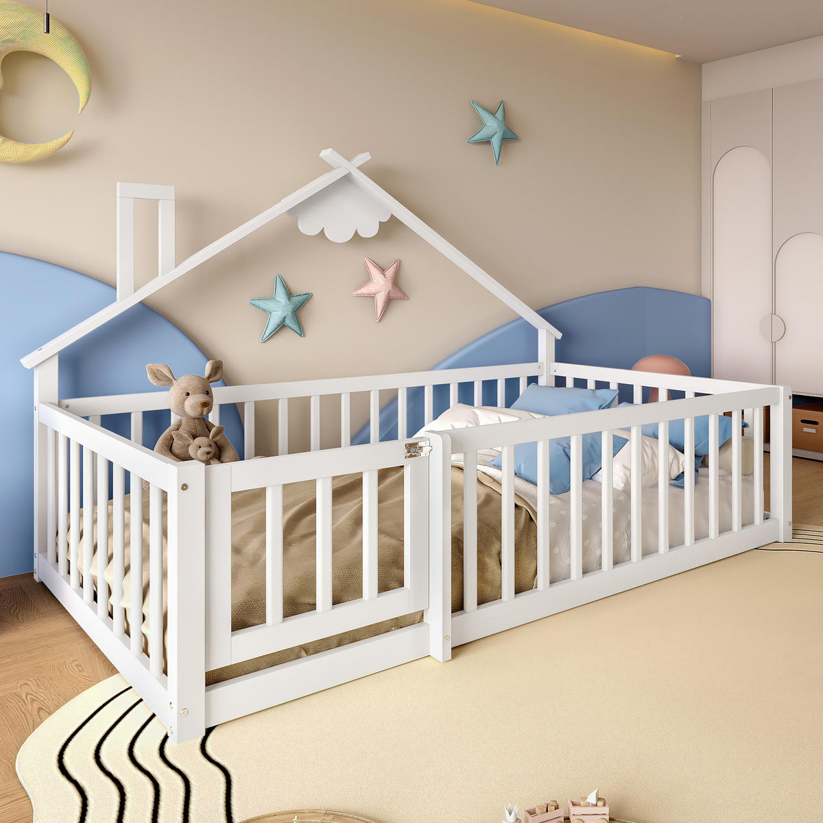 FLACHBETT 90/190 cm Kinderbett aus Kiefernholz mit Geländer und Schloss in Weiß - Weiß, Holz (90/190cm) - OKWISH