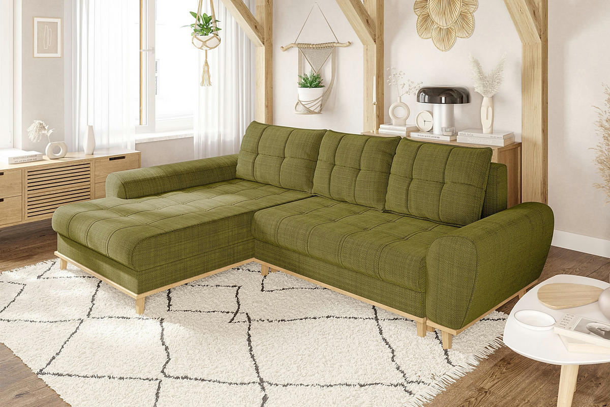 ECKSOFA im Scandi-Stil, Schlaffunktion, Bettkasten B268/T175/H86 cm, Ottomane links, Liegefl. 128x209 cm, Bouclé Chenille Stoff in Grün / 21016 - Eichefarben/Grün, Holz/Textil (268/175cm) - luma-home