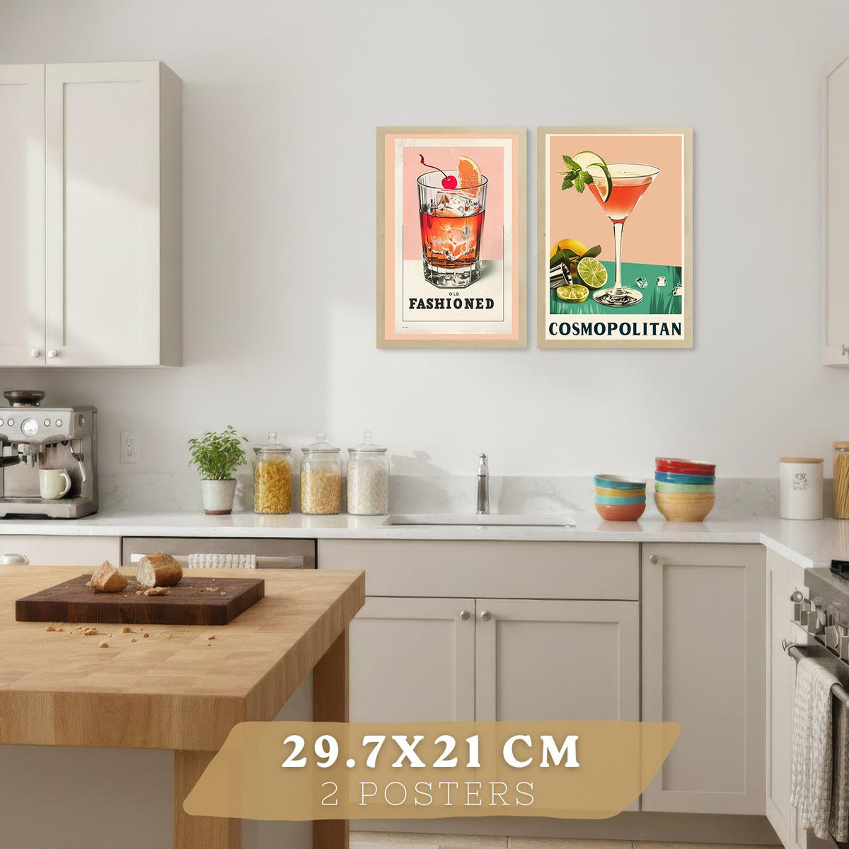 PLAKAT Sada 2 Koktejl A4 Lehký dřevěný rám - béžová, papír (29.7/1/21cm) - Nacnic