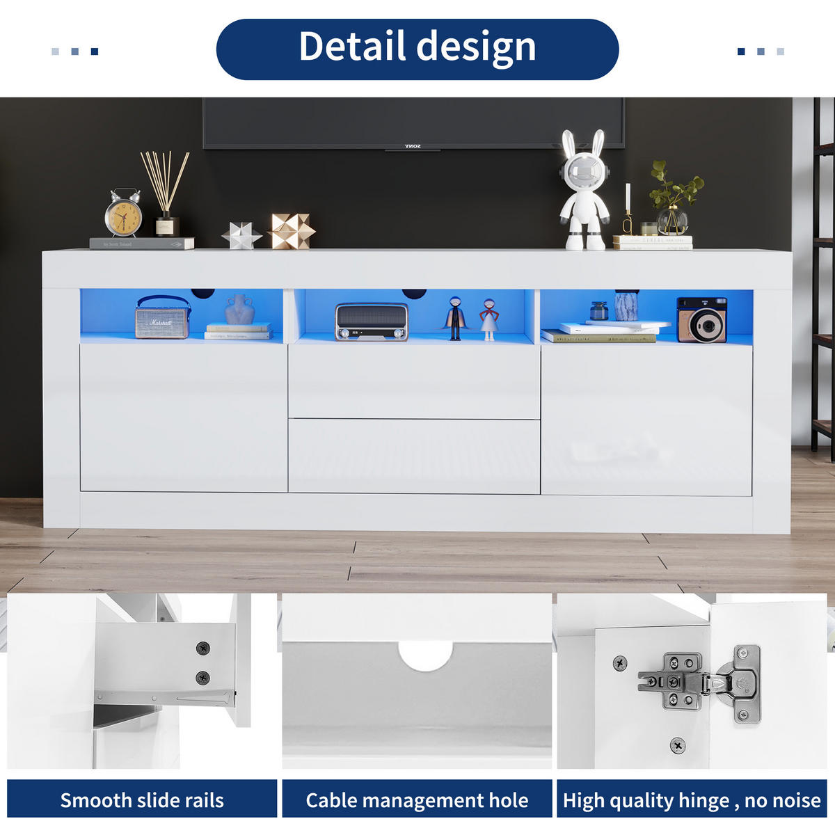 TV-SCHRANK Weiß 160/35/60 cm, Hochglanz, LED-Beleuchtung, Push-to-Open - Weiß, Holzwerkstoff (160/60/35cm) - PANGIVO
