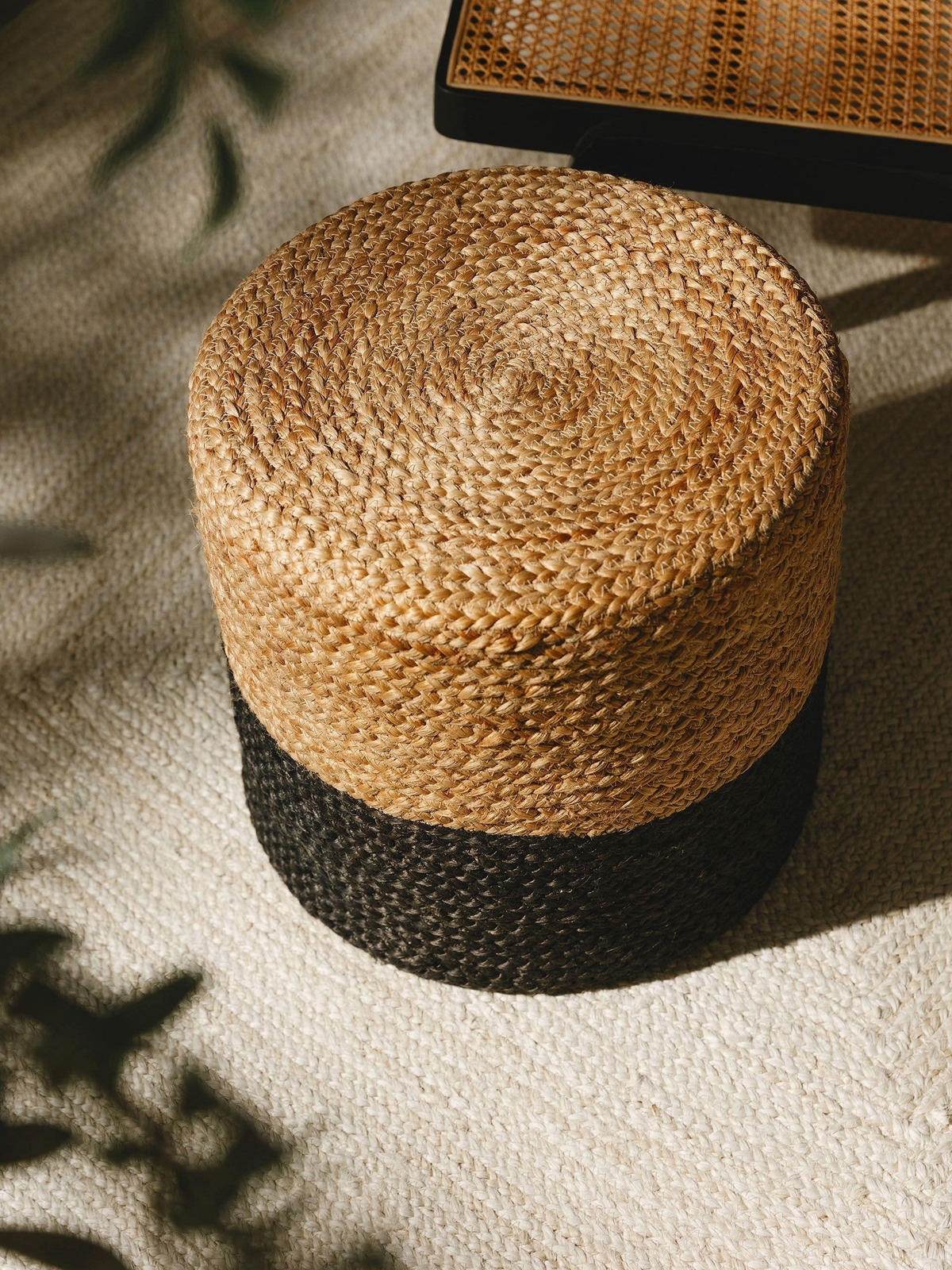 JUTE-POUF handgefertigt Jutta Hellbraun/Schwarz 40x40x40 cm - Hellbraun/Schwarz, Textil (40/40/40cm) - benuta Pure