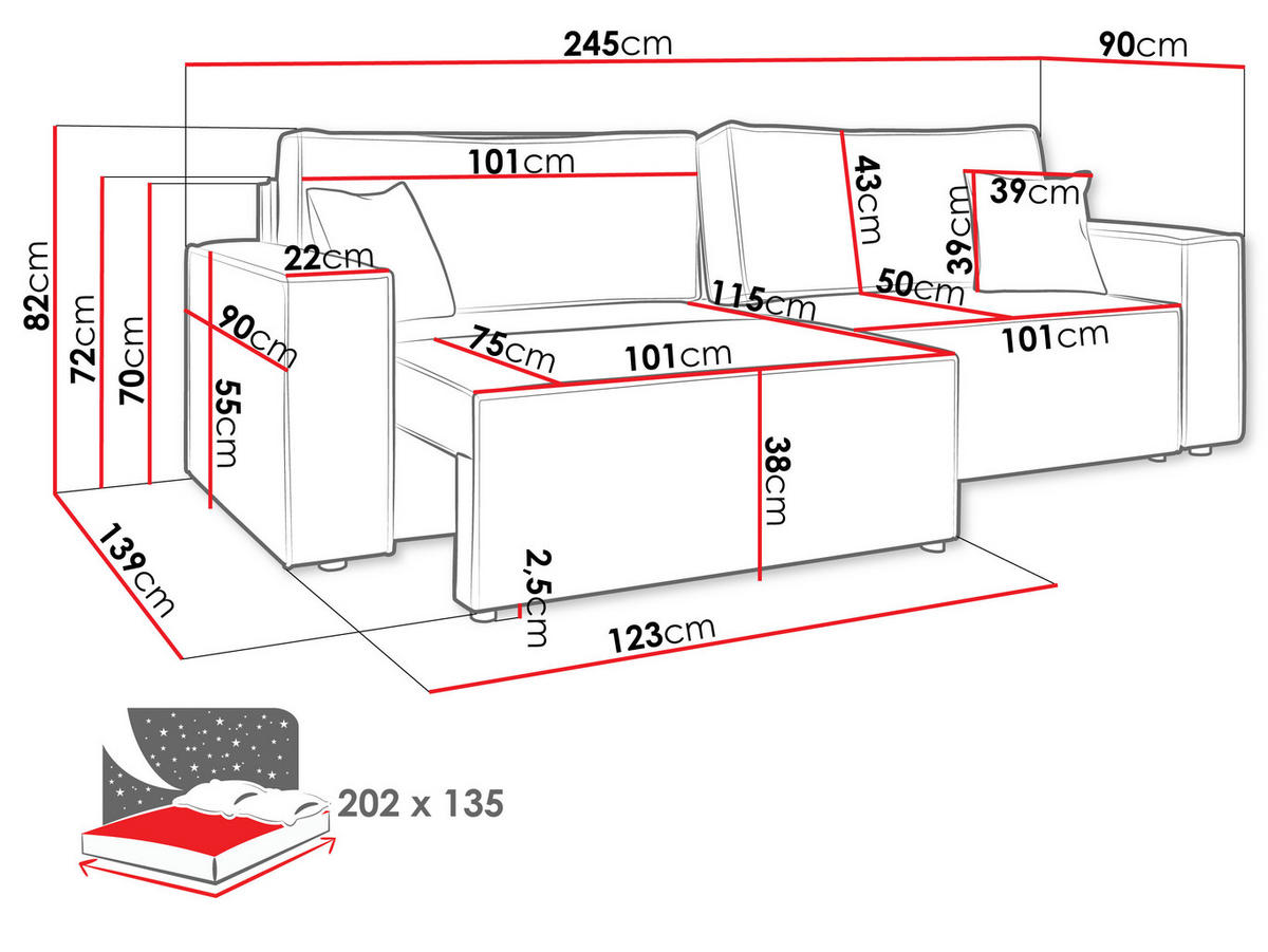 SCHLAFSOFA Karl mit L-Funktion - Creme/Schwarz, Holz/Kunststoff (245/82/139cm) - MIRJAN24