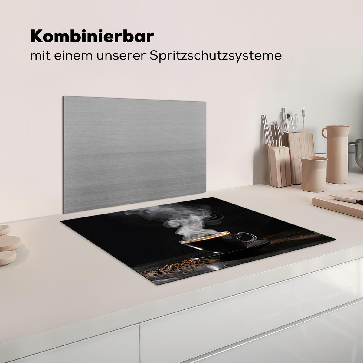 HERDABDECKPLATTE Kaffee - Schwarz - Bohnen - Heiß - Tasse Herdabdeckung Induktionsfeld 65x52 cm - Schwarz, Kunststoff (65/52/0.2cm) - MuchoWow
