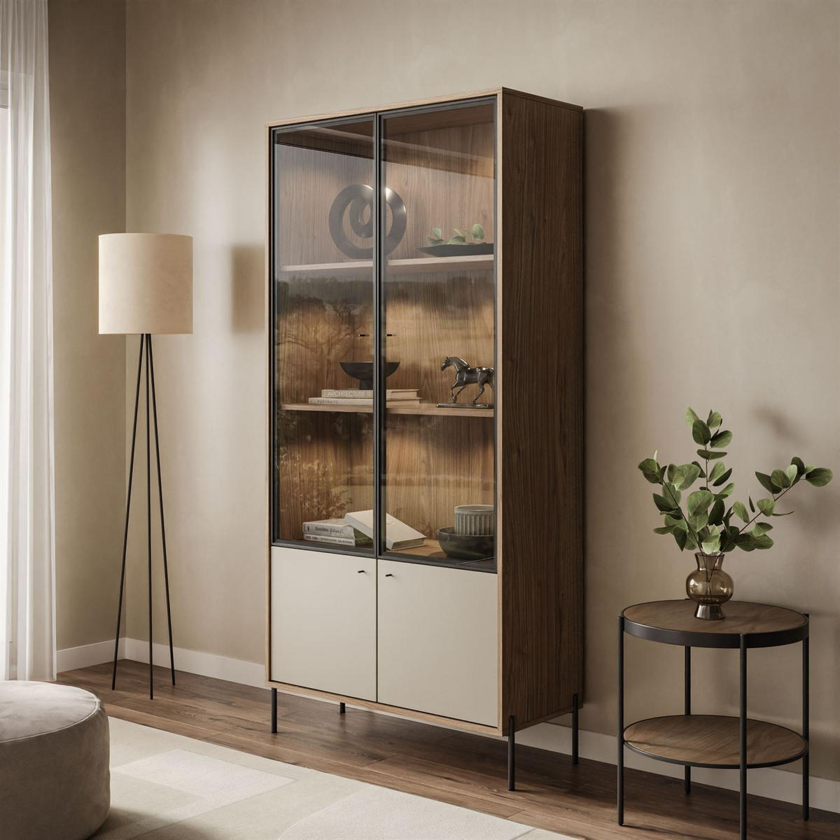 VITRINE ISA, zweitürig mit LED-Beleuchtung und hohen Füßen. - Eichefarben, Holzwerkstoff (90/188/40cm) - Lookway