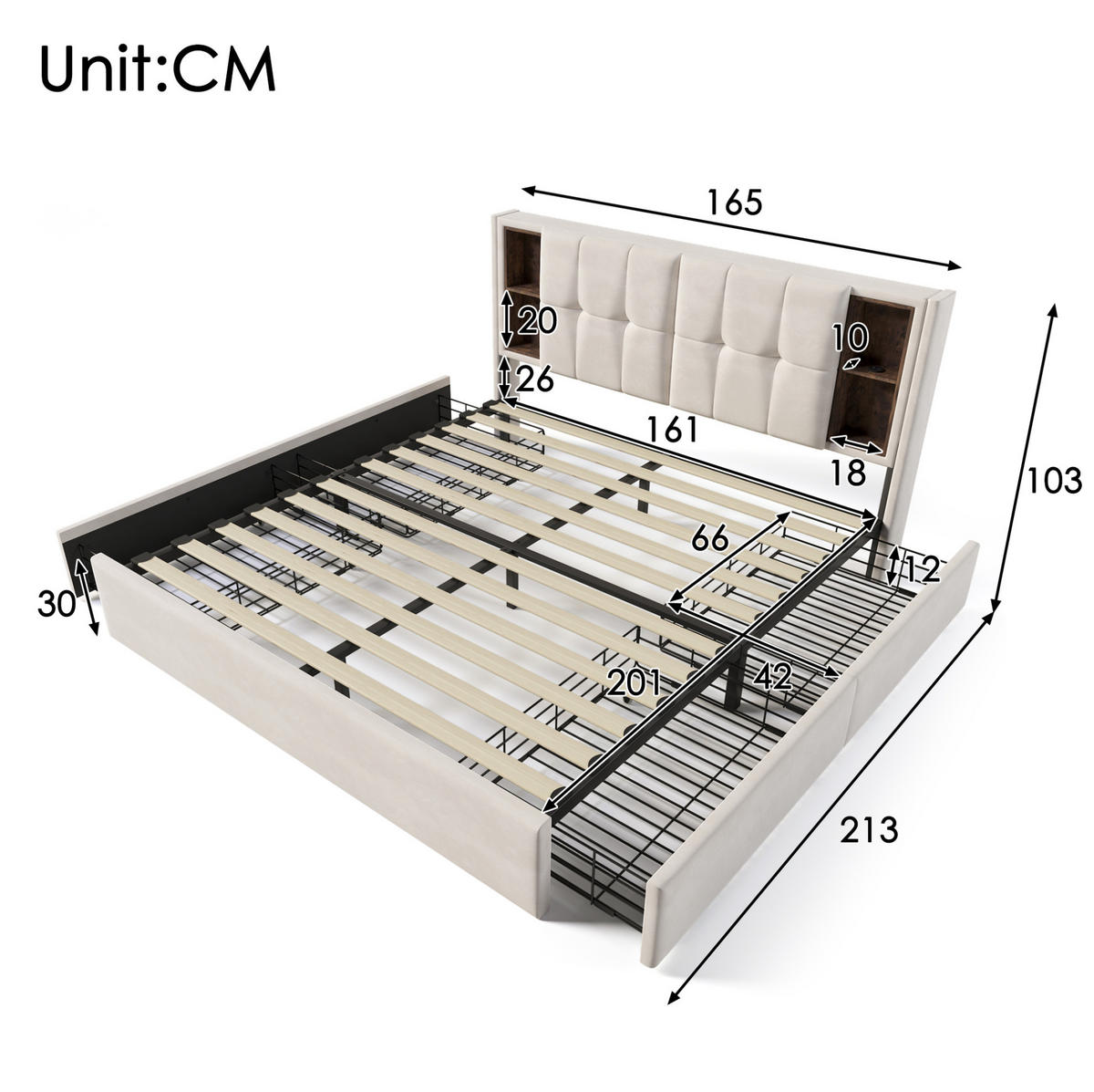 ČALÚNENÁ posteľ z velúru 160x200 cm béžová s bezdrôtovým nabíjaním, USB a 4 zásuvkami - béžová, textil (160/200cm) - Modfu