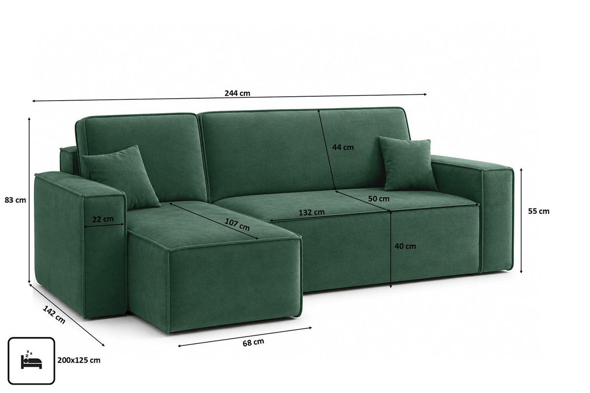 ROHOVÁ SEDAČKA ve tvaru L s funkcí spaní a úložným prostorem, velurová tkanina Bluvel, Zelená, Levá strana, BEST L - zelená barva, dřevo (244/142cm) - Kaiser Möbel
