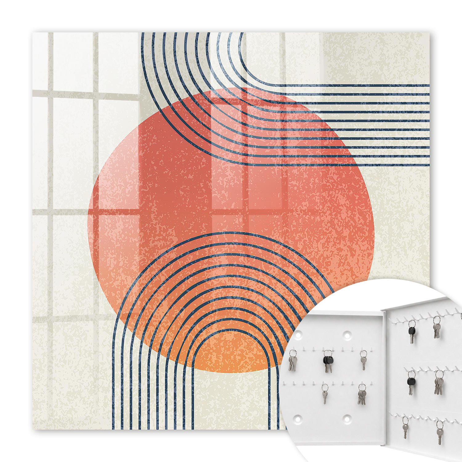 SCHLÜSSELBOX Weiß 30x30 cm – Türöffnung nach rechts - Geometrische Linien - Orange, Metall (30/30/5cm) - TULUP