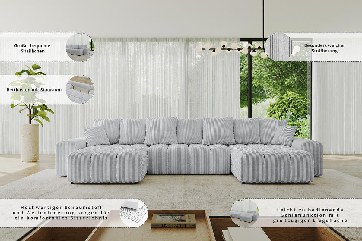 WOHNLANDSCHAFT ENIL-U 390x175x84 Hellgrau Cord - Hellgrau, Holzwerkstoff/Kunststoff (390/84/175cm) - ALTDECOR