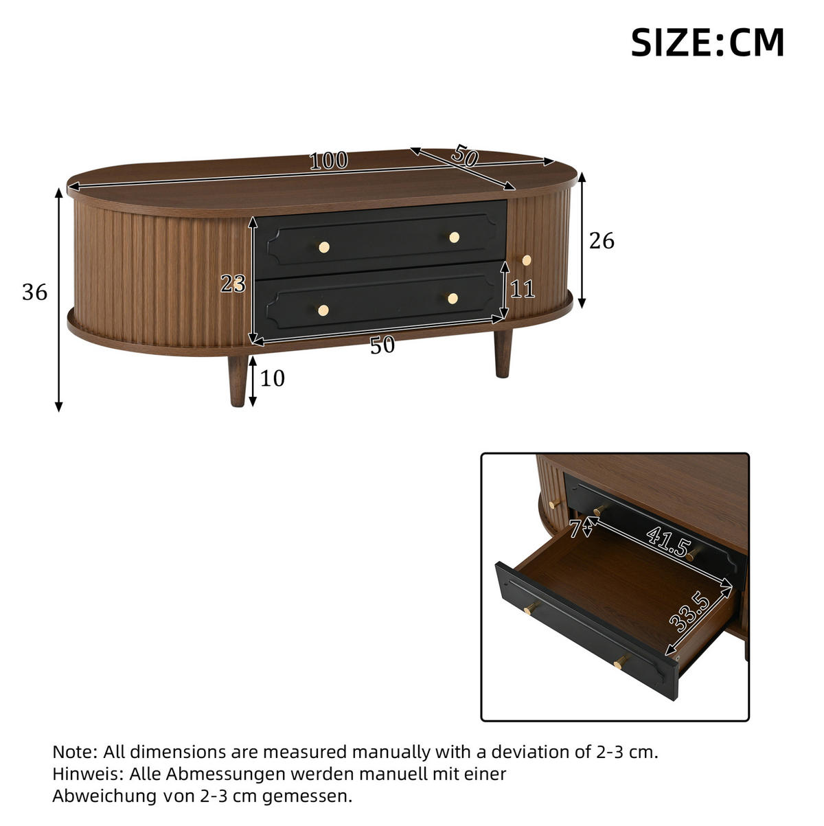 COUCHTISCH aus Spanplatte 100x50x36 cm in Walnuss-Schwarz mit 2 Schubladen - Walnussfarben, Holzwerkstoff (100/50/36cm) - Modfu