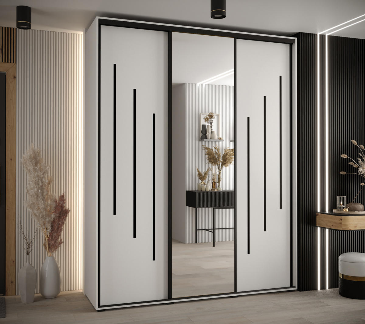 SCHWEBETÜRENSCHRANK 235,2/200/60 3-türig - Schwarz/Weiß, Holz/Metall (200/235/60cm) - Abiks Möbel