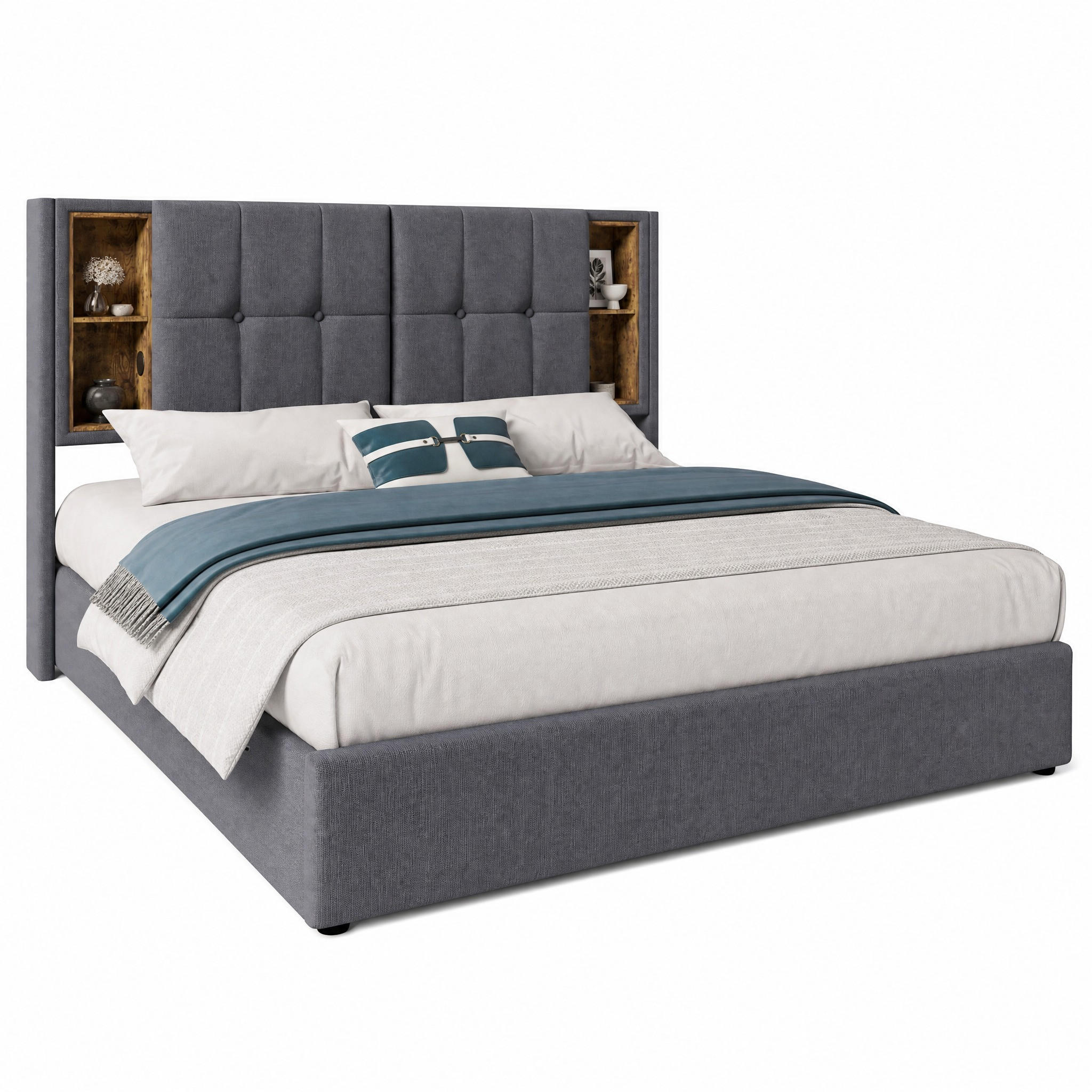 BETT mit Stauraum und Ladestation 160x200 cm Baumwolle Grau - Grau, Metall (160/200cm) - Meubliv