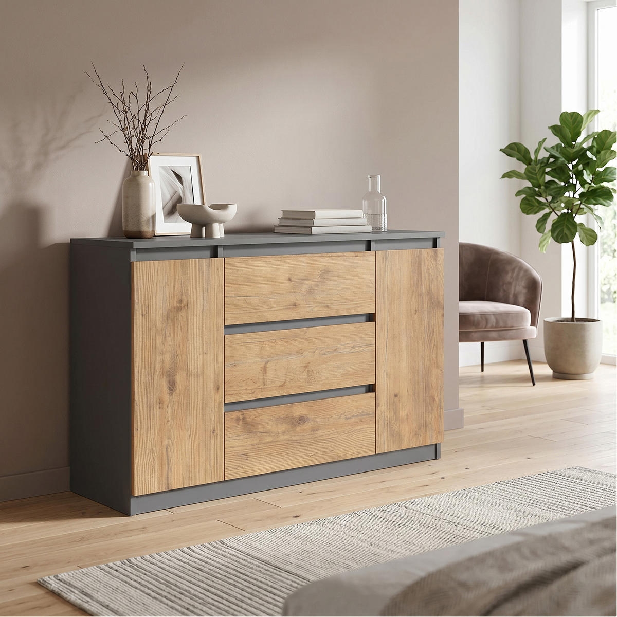 KOMMODE NUDO 120/78,5/39cm mit 3 Schubladen 2 Türen Anthrazit - Eichefarben/Anthrazit, Holzwerkstoff (120/78.5/39cm) - MASSENO