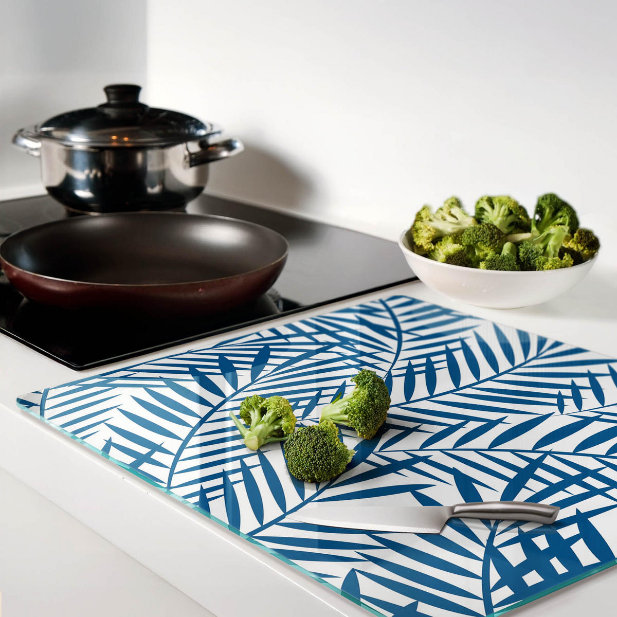 GLASPLATTE 60x52 cm Palmblätter - Blau, Glas (60/0.4/52cm) - TULUP