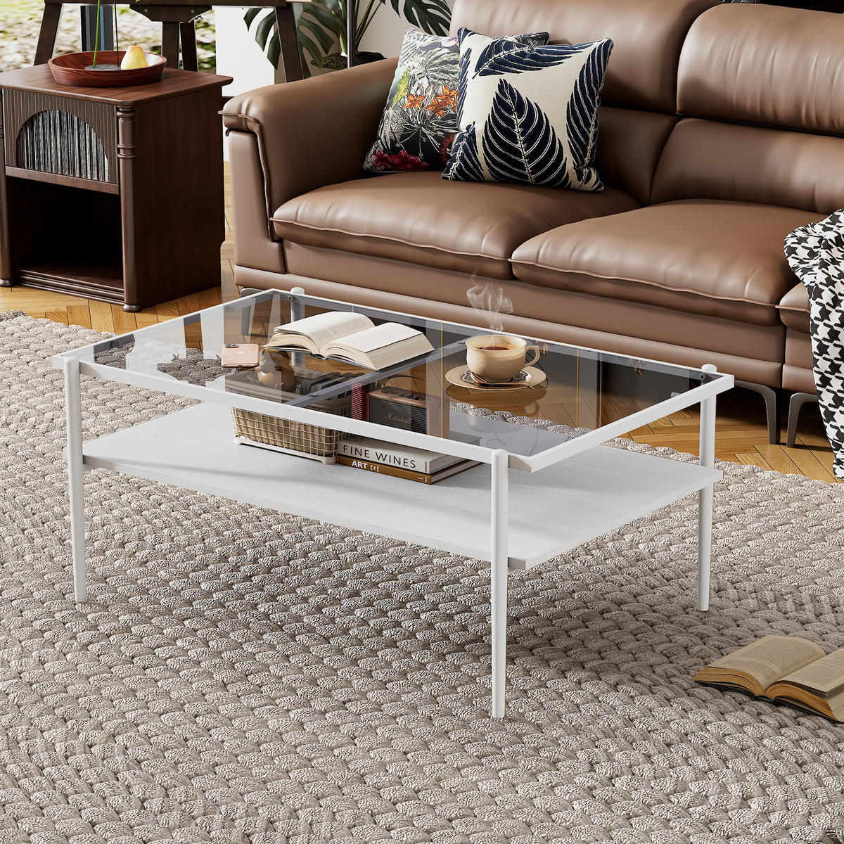 COUCHTISCH in Weiß Wohnzimmertisch mit Metallbeinen moderner Wohnzimmertisch B97.5/T61.5/H45cm - Weiß/Grau, Glas/Holzwerkstoff (61.5/97.5/45cm) - STILVORA