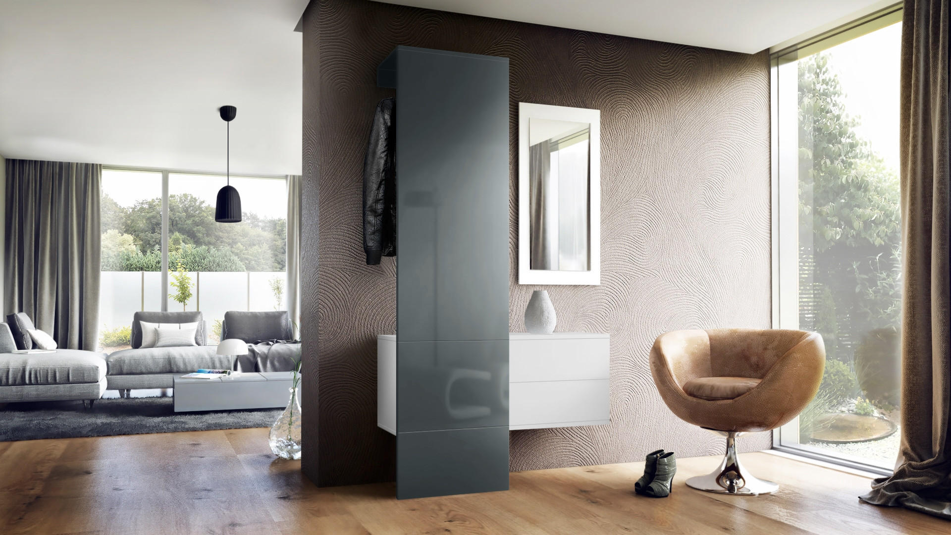 GARDEROBE Carlton Paneel in Grau Hochglanz - Grau, Holzwerkstoff (105/193/35cm) - Vladon