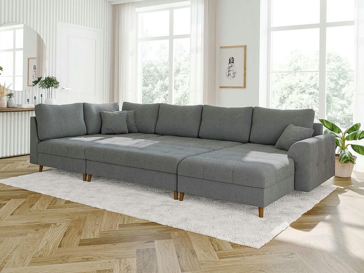 WOHNLANDSCHAFT inkl. Hocker Henrik Grau Boucle - Braun/Grau, Holz/Textil (310/81/161cm) - S-Style Möbel