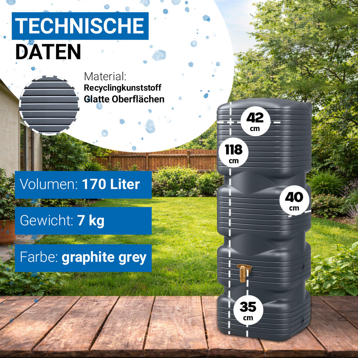WANDTANK Komplett-Set 170 L, graphite grey inkl. & Füllautomat - Grau, Kunststoff (42/118/40cm) - 4rain